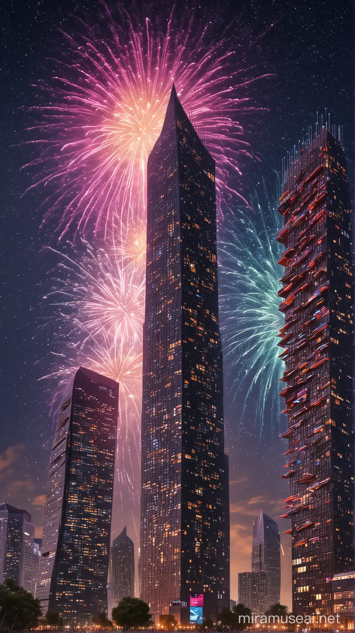 Vibrant Modern Towers Aglow with Fireworks Under a Starry Sky