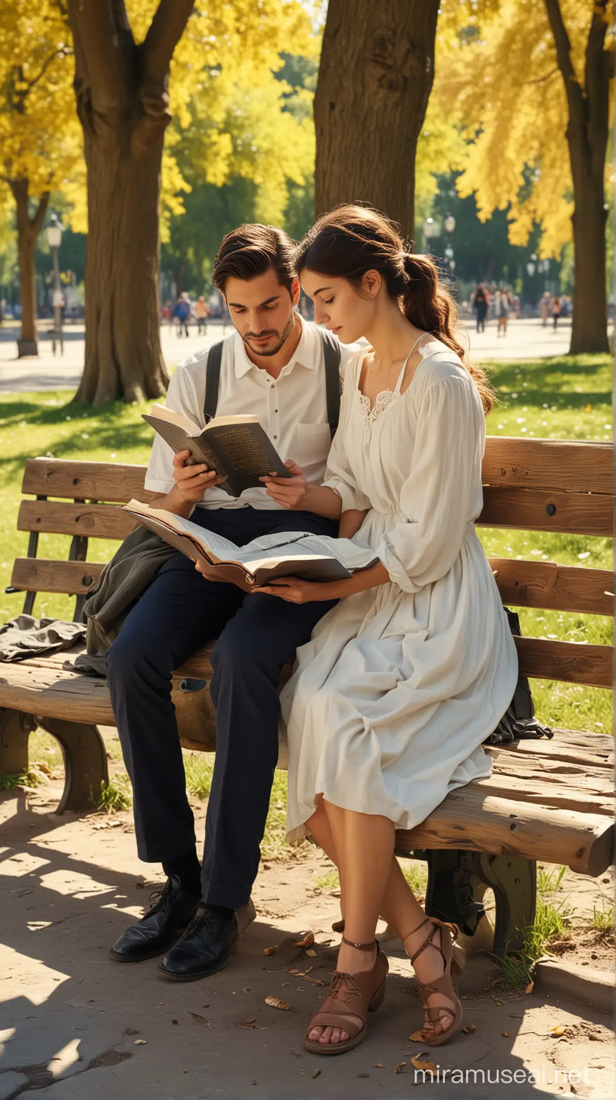  a young Italian couple reading the bible, on a bustling park, sitting on a park bench. Warm sunny day. Ultra High Quality, Ultra HD, 8K, Vivid Brushstrokes, real life image
