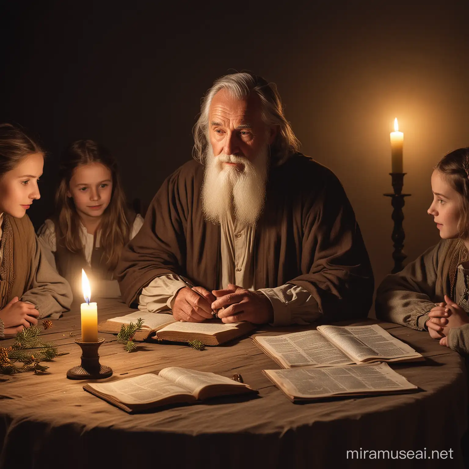 Wise Father Sharing Parables at Candlelit Table