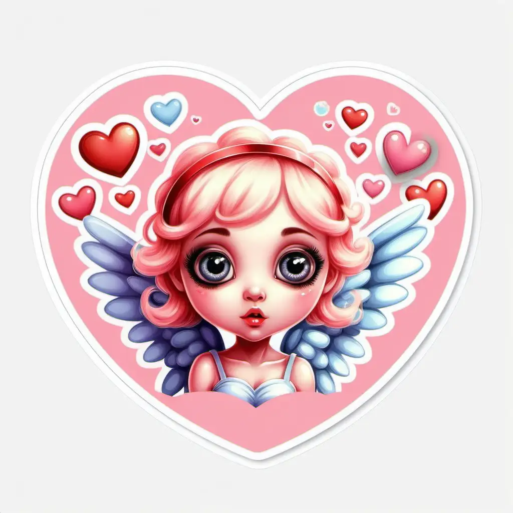 Cute,fairytale,whimsical, pastel,cartoon, cupid,big eyes, beautiful valentine background, with valentine hearts around, sticker,white background, bright,colorful