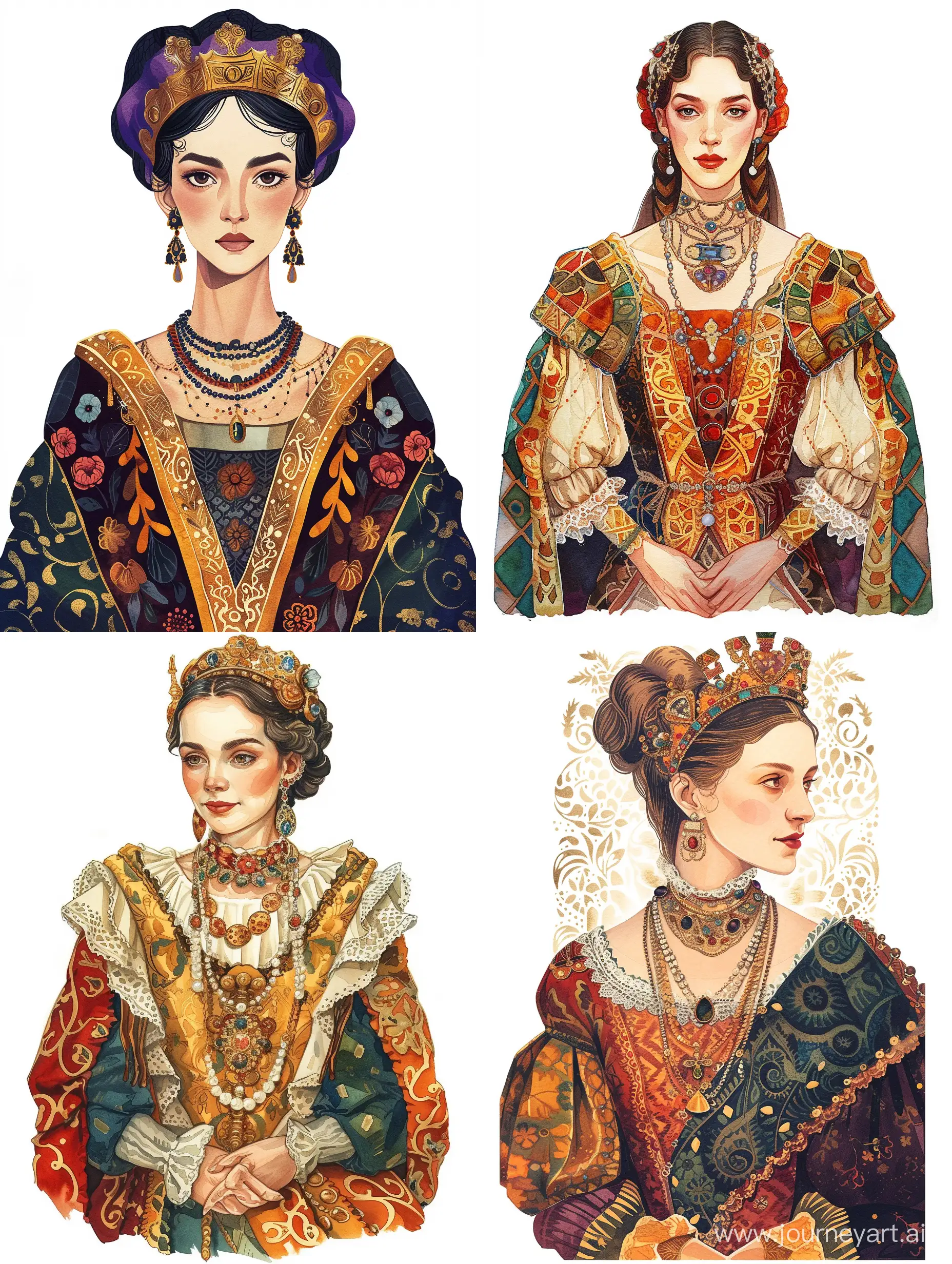 ornamental portrait of the ancient queen of Spain to the waist, in rich clothes, watercolor style, decorative flat illustration, Victor Ngai style