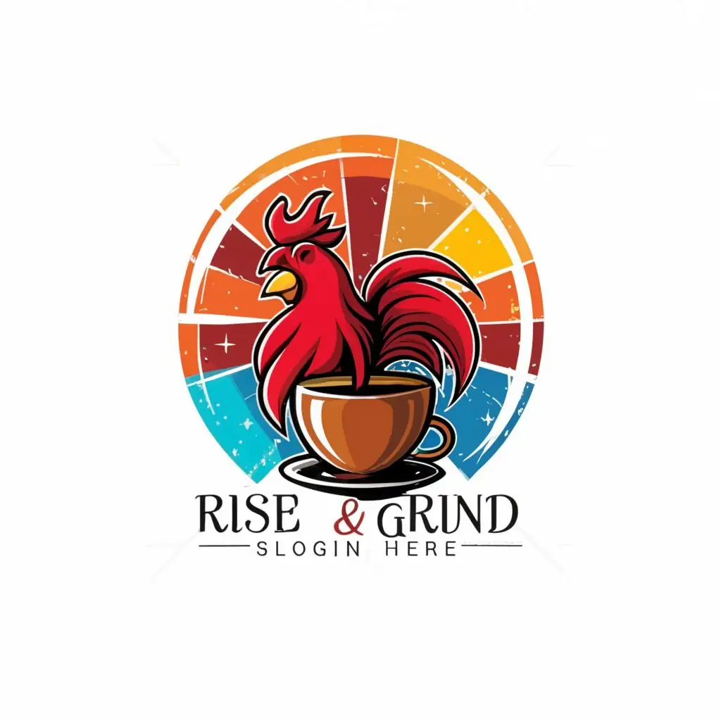 a logo design,with the text "Rise and Grind", main symbol:Rooster, coffee, sunrise, rooster in cup, sun, coffee cup, rooster crowing, Rise & Grind,Moderate,be used in Restaurant industry,clear background