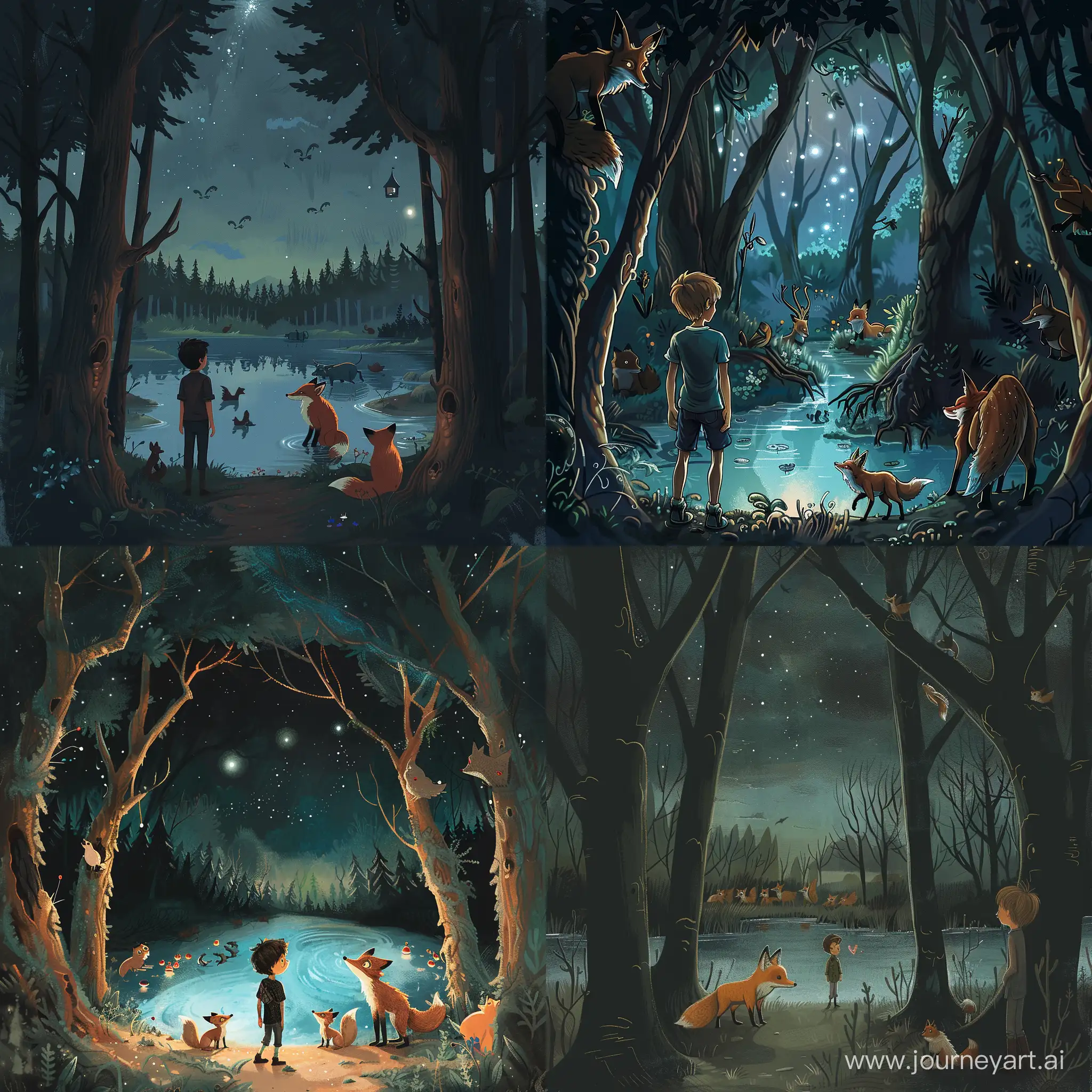 Teenage boy stands at the edge of a dark forest, walks through scary-looking trees, comes across a clearing, beautiful lake with woodland creatures, talks to a fox, fox tells him about the magic of the forest, it starts to get dark, boy and fox look up at the stars