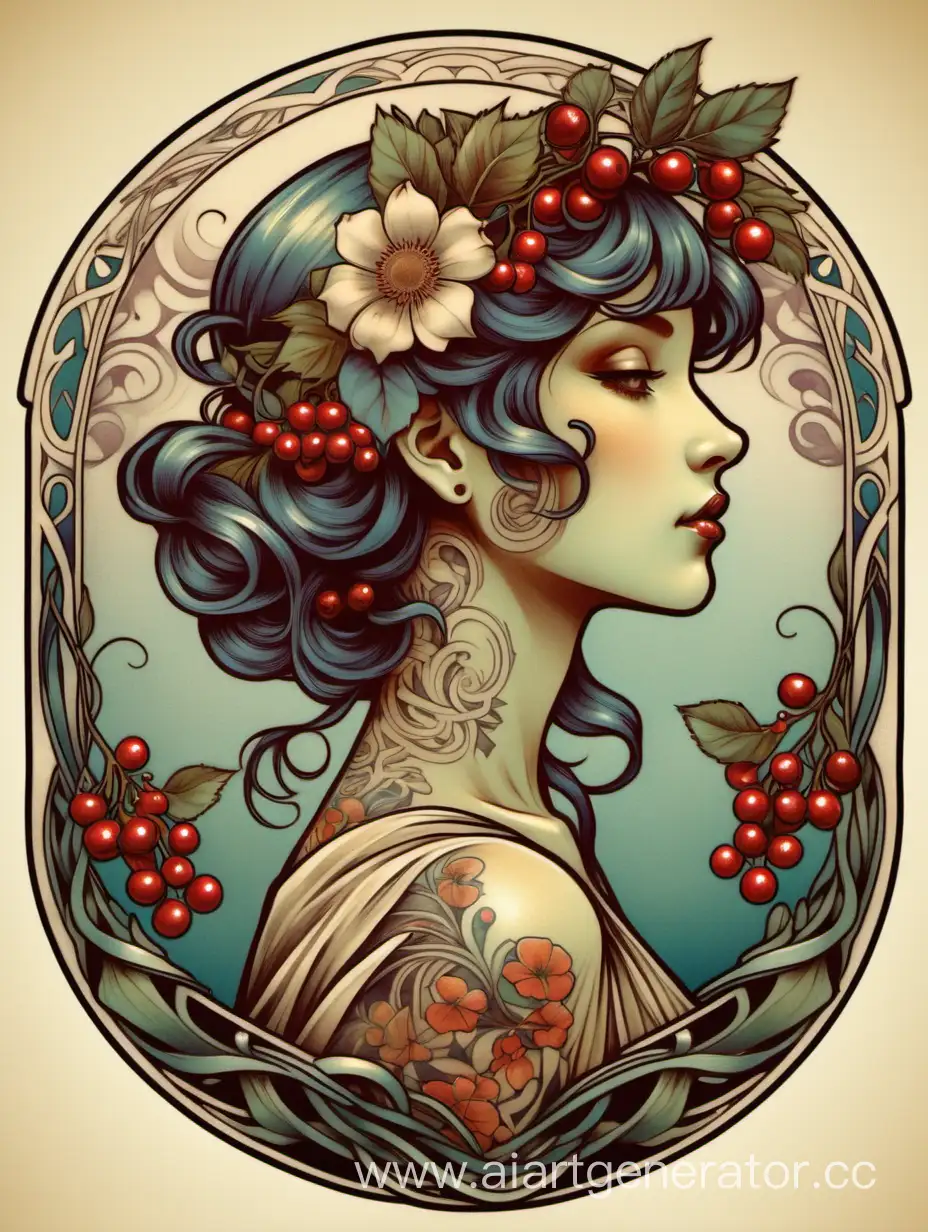 Девушка в стиле Альфонса Мухи, на голове цветы и ягоды, на руке татуировка, сзади орнамент модерн 