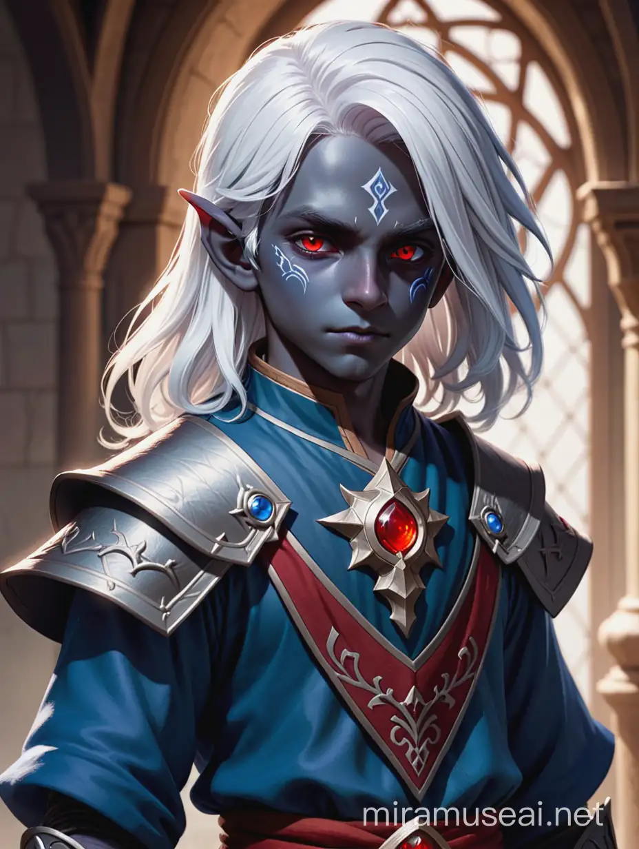 young drow child, male, white hair, child, red eyes, dnd style, detailed, blue skin, noble clothes
