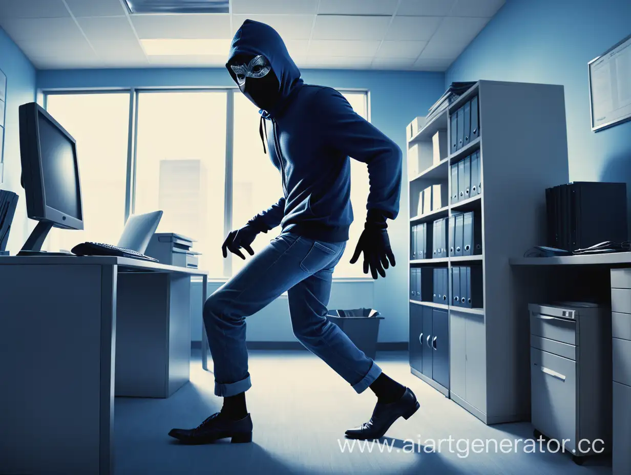 A masked thief tiptoes toward a computer in an office. Blue tones. High detail