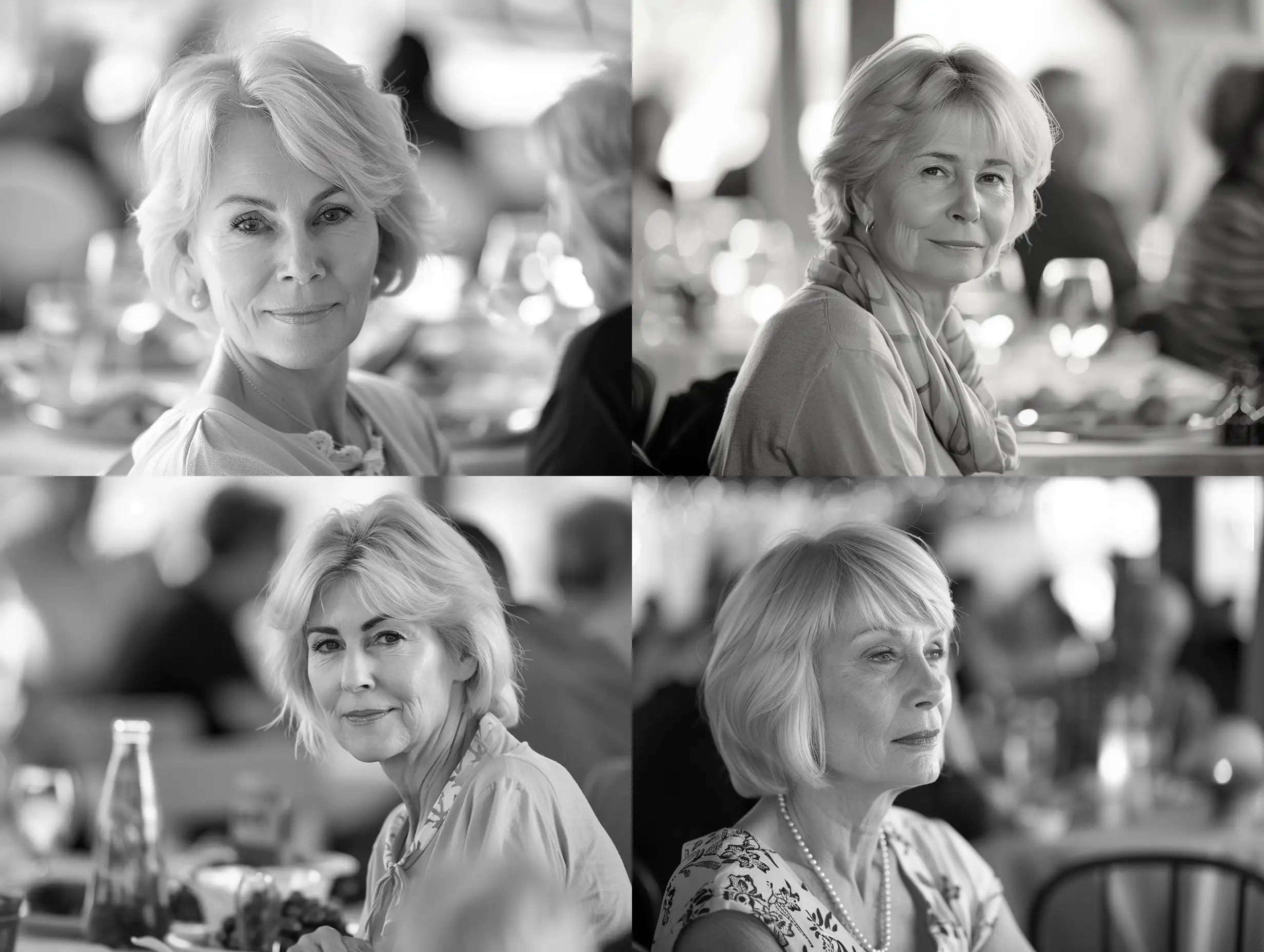 A beautiful blonde woman at a springtime church luncheon. She is 60 years old. her hair is short. This should be a black-and-white photo in the style of Man Ray's work from the 1920s.