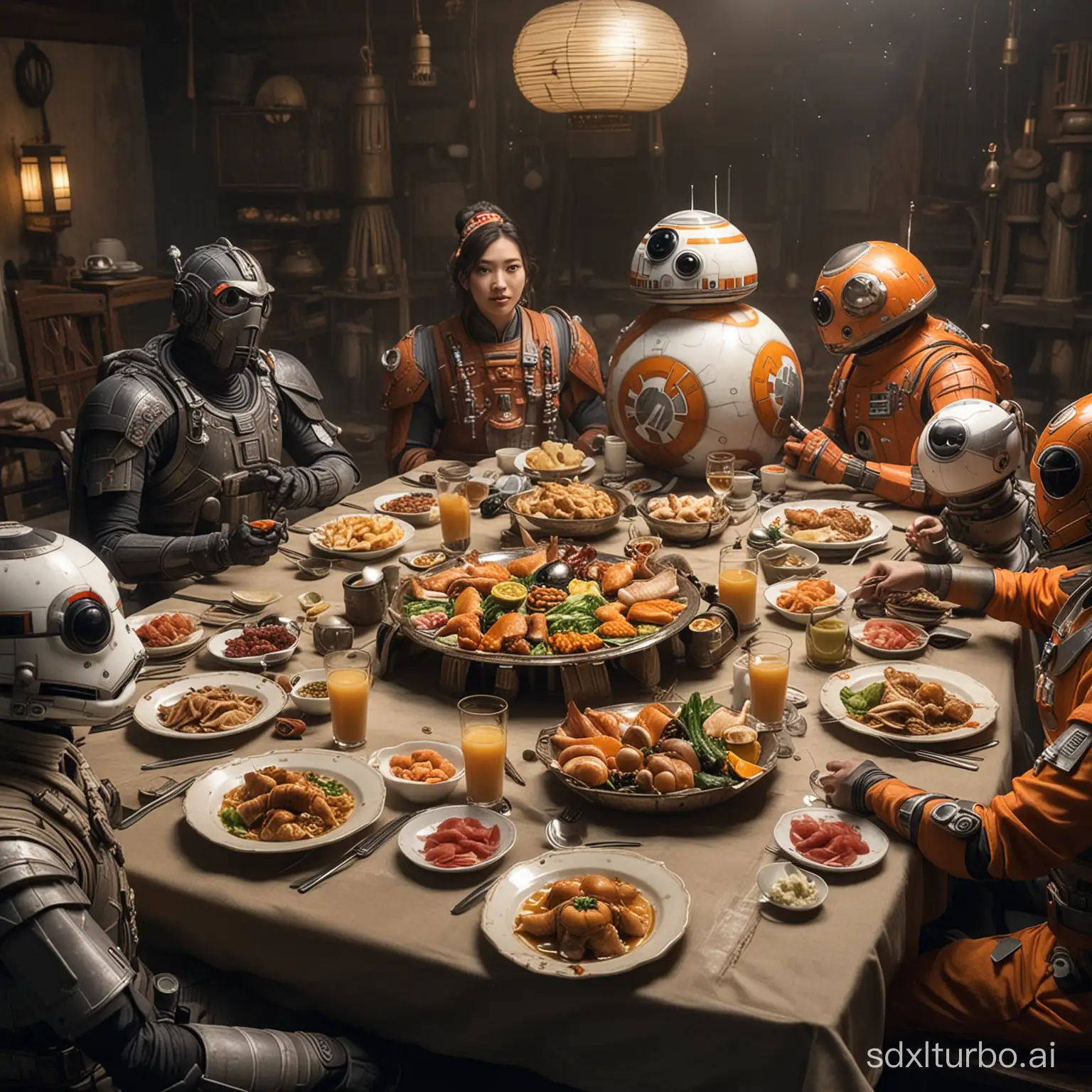 BB8, Super Flying Man, and Underwater Squad eat the Manchu Han banquet together
