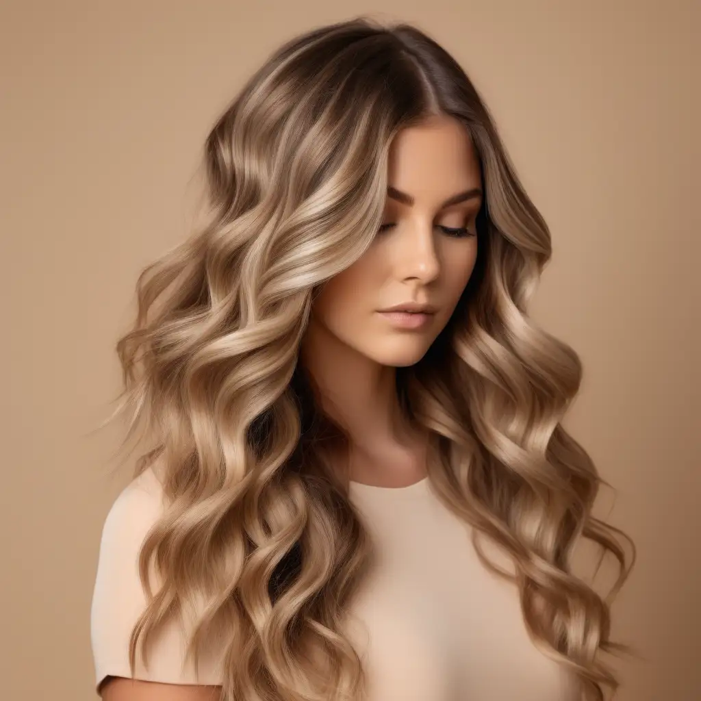 Dimensional Balayage Waved Hair Model with Subtle Tattoo on Beige Background