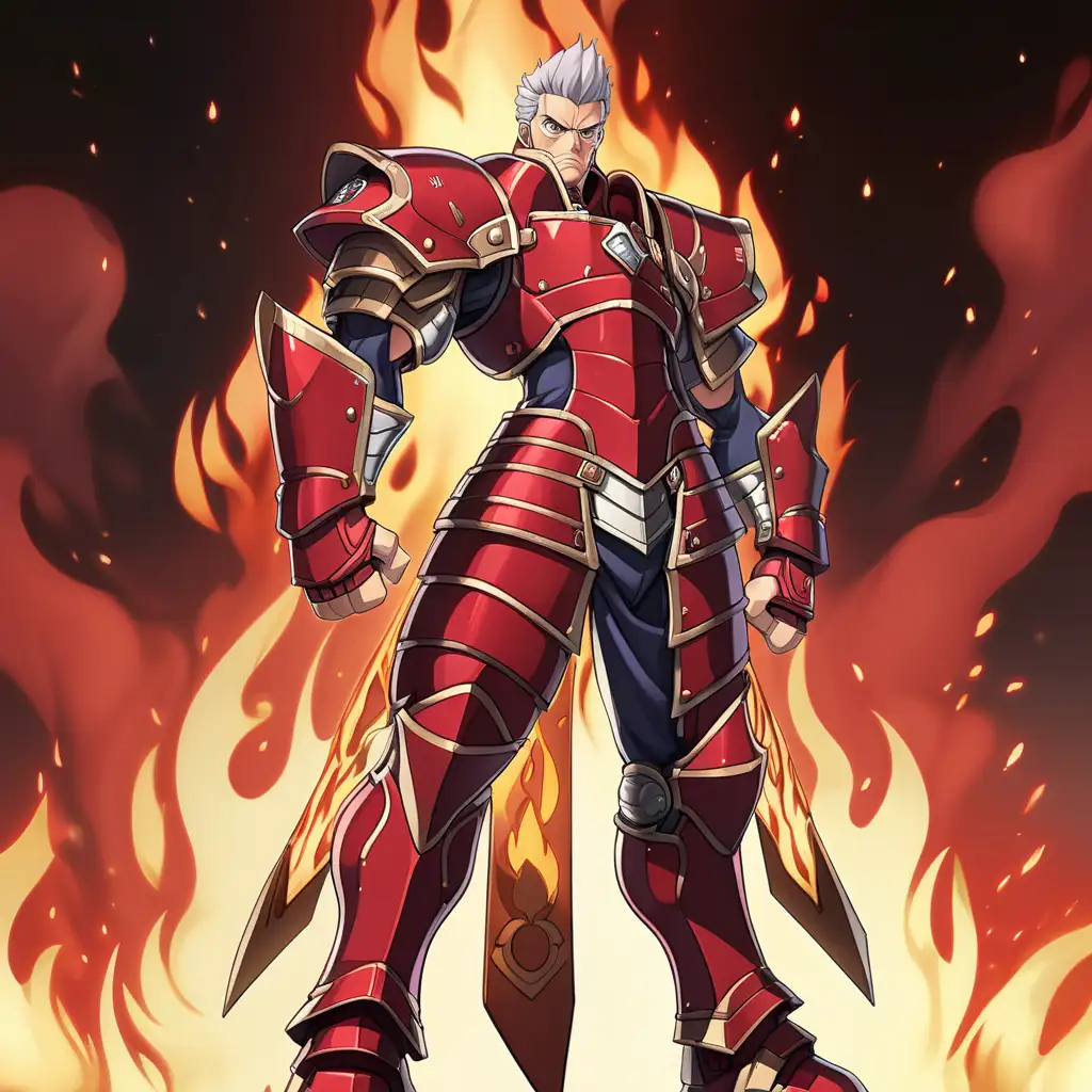 anime man, aged, tall, buff, stoic, determined expression, red theme, sharp eyes, intimidating, comb over, fire, full body, dynamic pose, looking over shoulder, judgement, wearing armor, standing tall, full body, shouting
