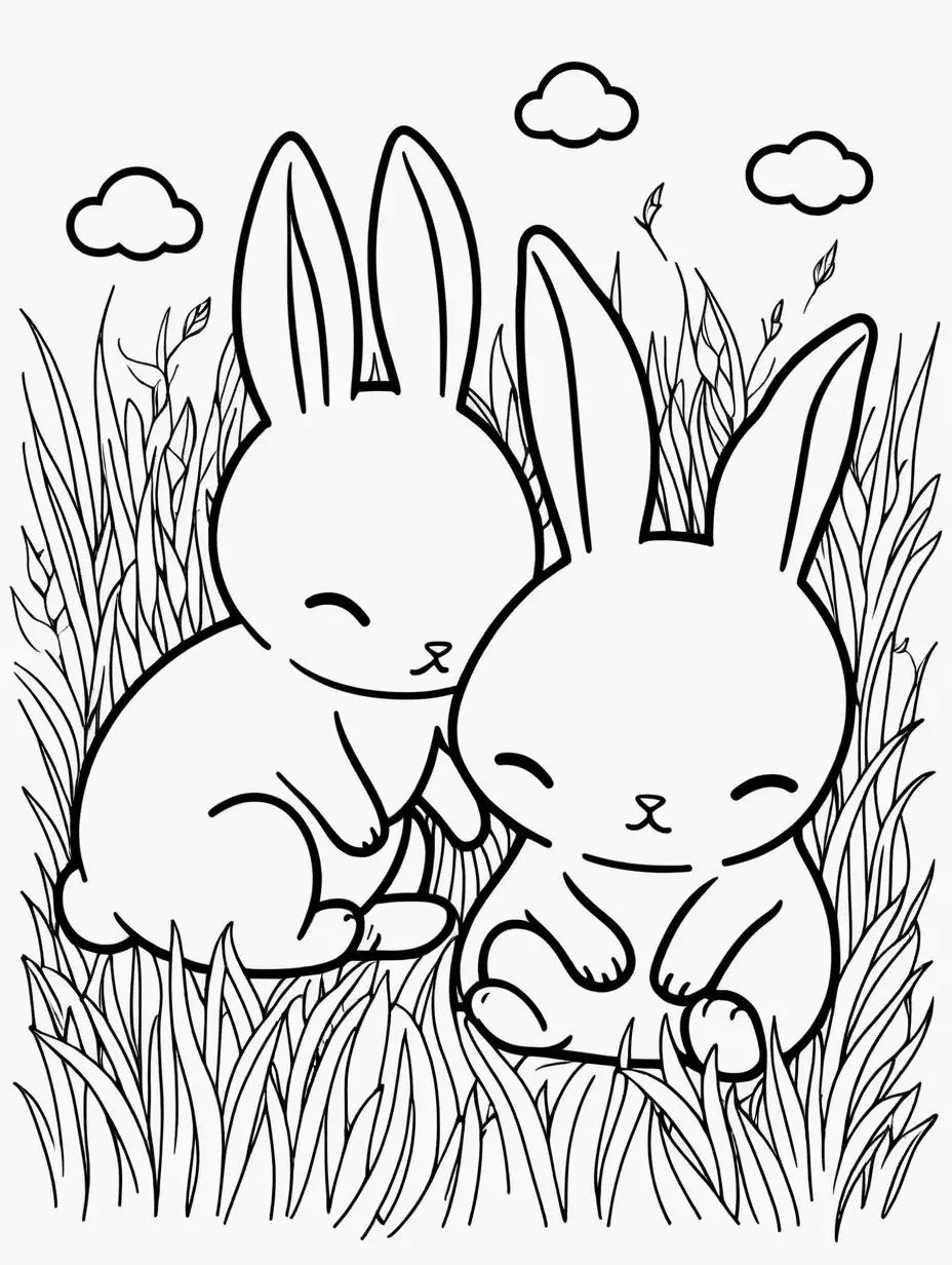 Adorable Kawaii Bunnies Sleeping in a Grass Field Coloring Page