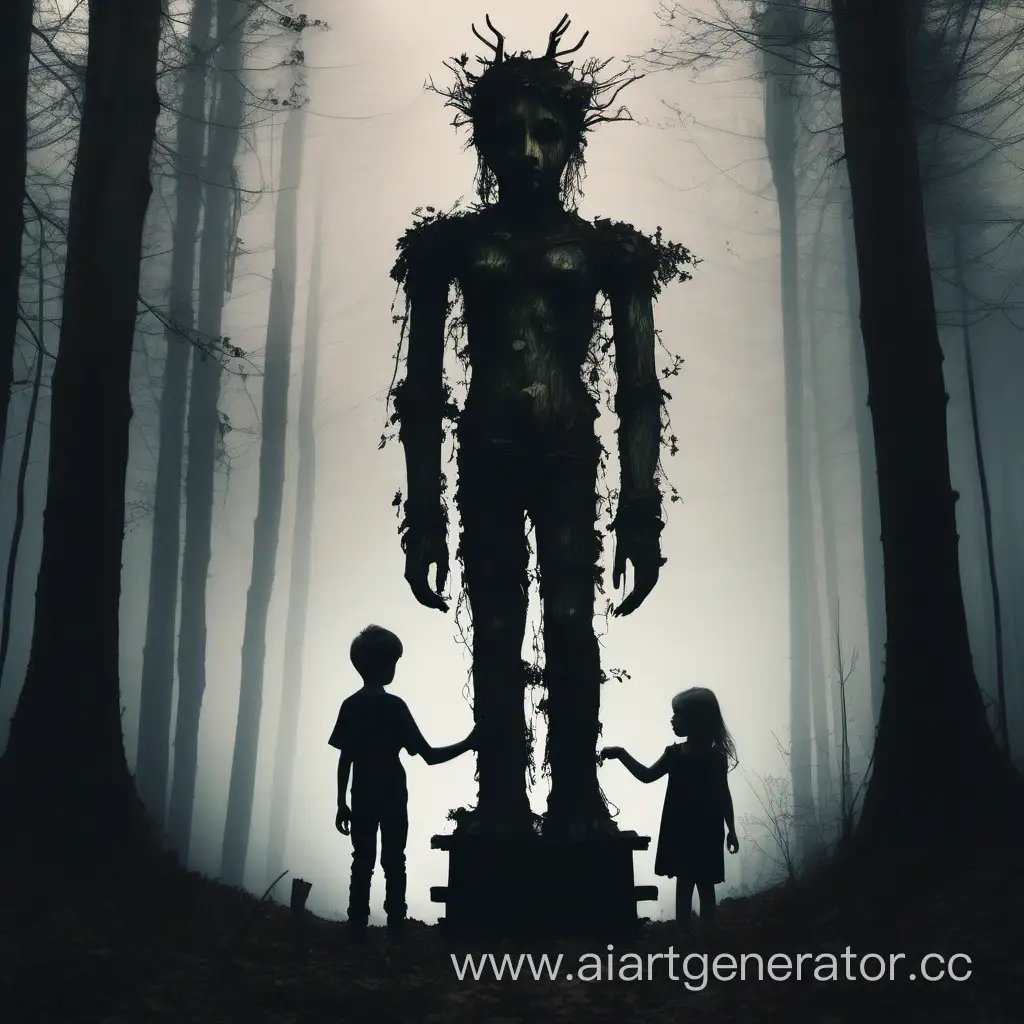 Панорама. Темный лес. Мальчик и девочка в лохмотьях держатся за руки. Рядом с ними стоит высокий деревянный языческий идол.