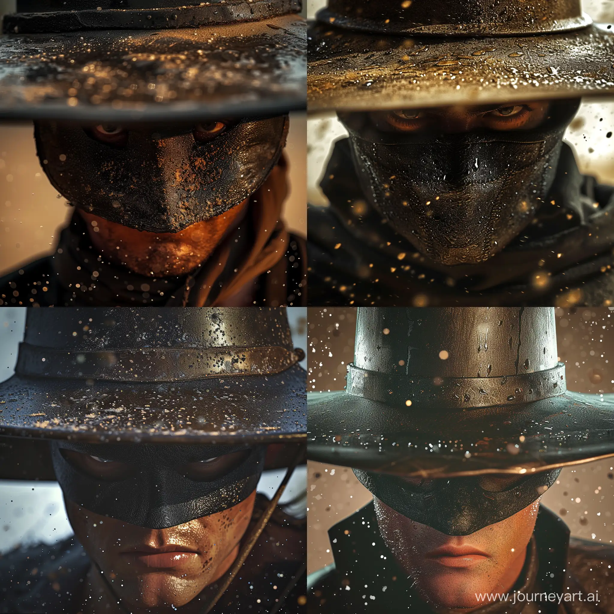 a close-up of an individual wearing a costume that is reminiscent of a traditional Zorro outfit. This character is typically associated with a masked vigilante from Spanish Californian tales. The person is wearing a wide-brimmed hat and a black eye mask which covers the area around the eyes, leaving the rest of the face exposed. There's a noticeable texture on the mask that seems to be made of leather or a leather-like material. Various specks or droplets, perhaps simulating rain or sweat, are visible on the hat and the person's skin, which adds a dramatic effect to the image. The lighting is soft and seems to be coming from the front, emphasizing the person's stern and intense gaze. The background is blurred, focusing the attention on the person's features and the details of the costume.