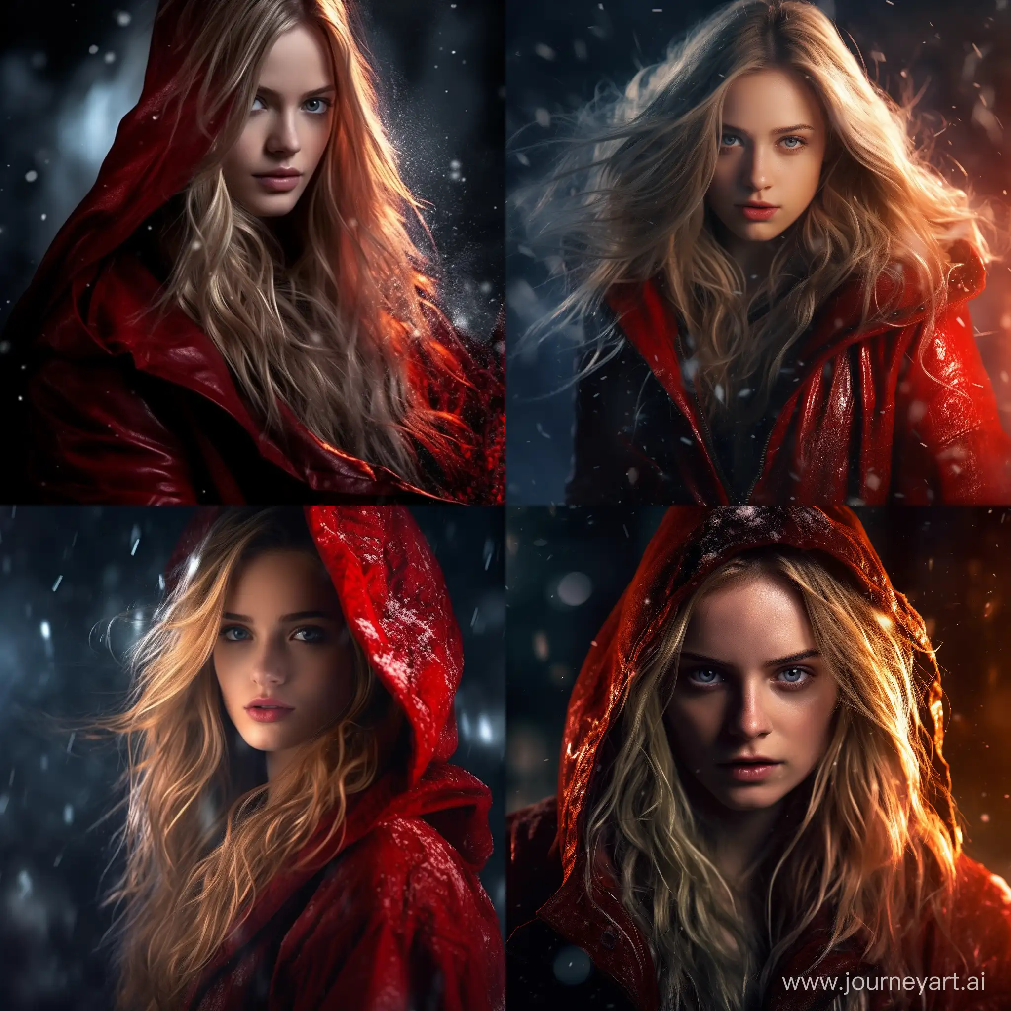 A beautiful girl, blond long hair, with a mysterious light that illuminates the dark night. She wears a red leather suit and a long red hooded coat, and is the strongest magician who harbors and unleashes the power of black. Bokeh effect, Magic aura, sparkles, texture --ar 1:1 --no 74221