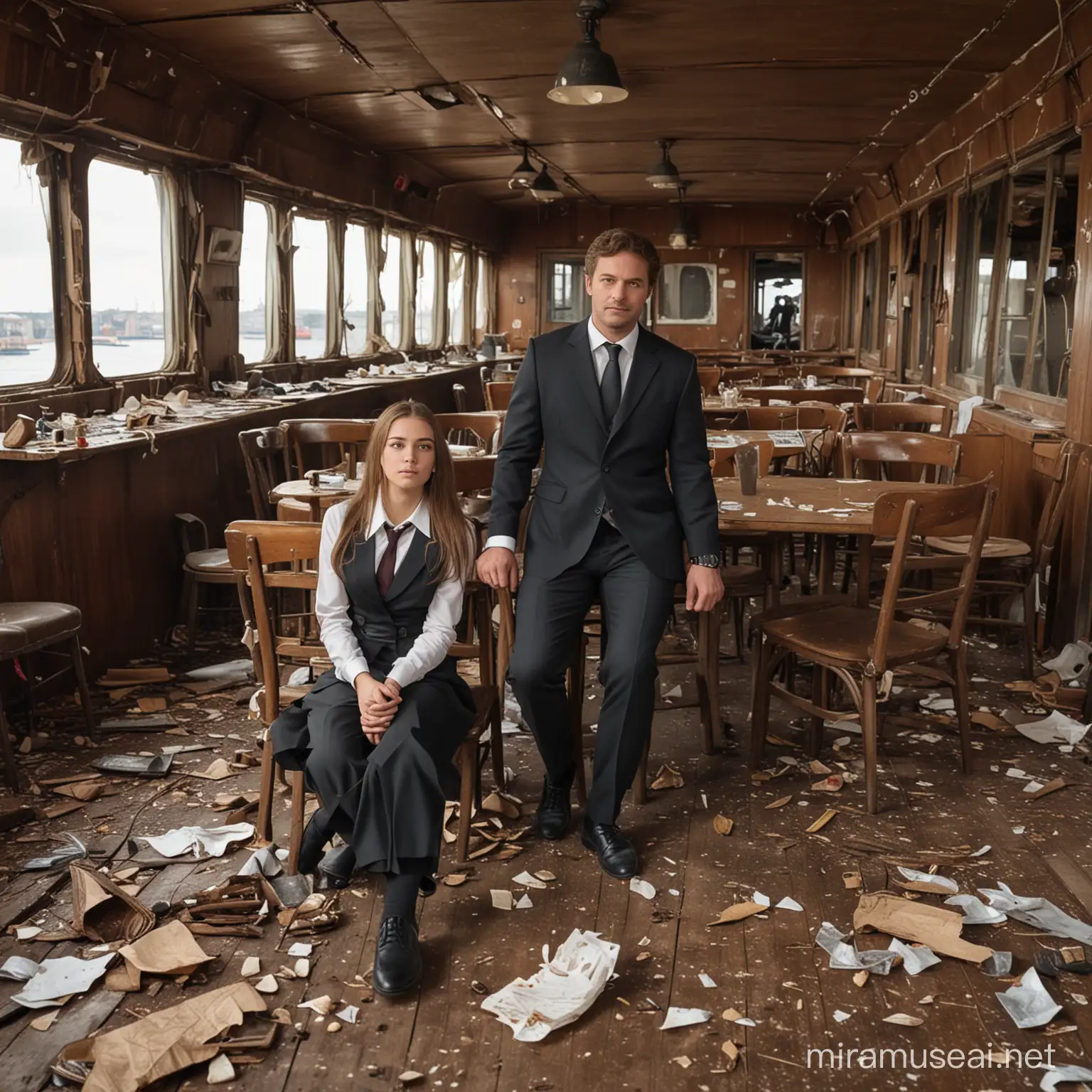 16-years old girl with nutbrown hair, with her hands shackled behind her back, and 40-years old businessman in suit seat opposite one another at a single remaining table with wine glasses inside abandoned ship restaurant, with fallen chairs, kitchenware, pieces of food and trash on the floor around