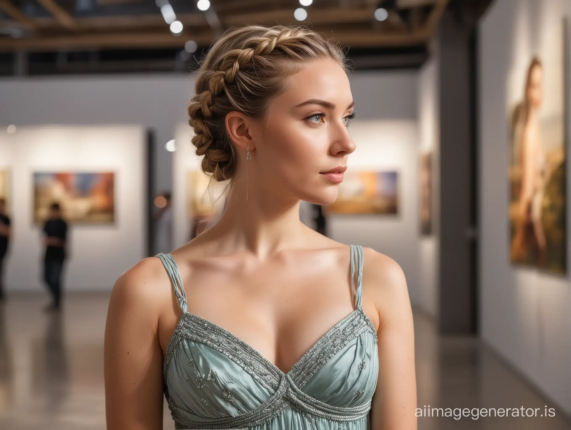 A detailed three-quarter photograph of a beautiful woman with braided hair and a dreamy look in an evening dress, turning her head full-face in a modern exhibition hall against the background of an exhibition of landscapes. Soft, even, low-contrast light.