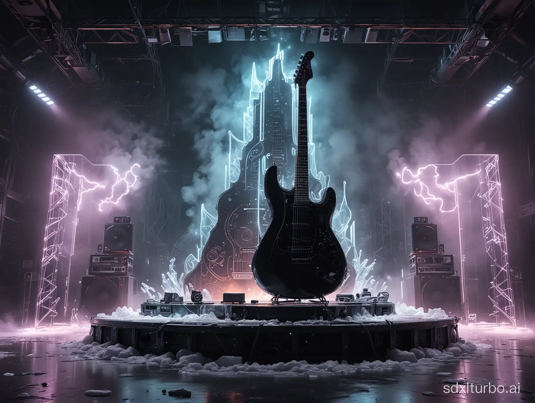 A sci-fi platform with a huge tilted guitar silhouette adorning the background, flanked by speakers, a metal floor flanked by ice decorations, night, neon lights, smoke