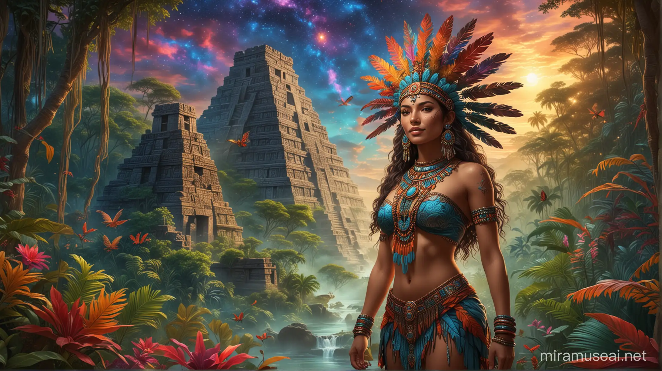 standing tall mexican aztec Goddess Emerges From A Jungle Oasis, with radiant glowing skin, a Beautiful Fantasy Landscape, Cosmic Sky, jungle animals in the backdrop,  vibrant colors, with inviting smile