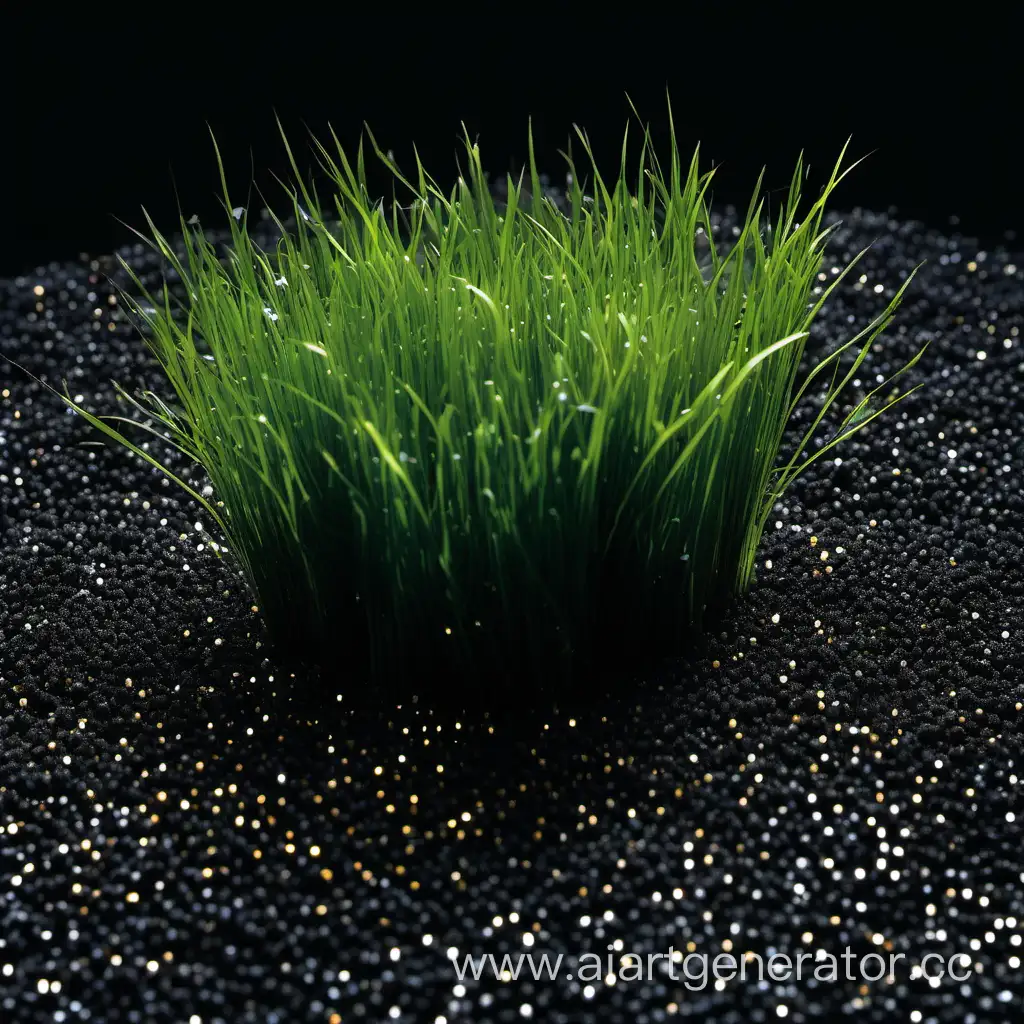 из гранул пластика растёт трава на черном фоне по середине блик
