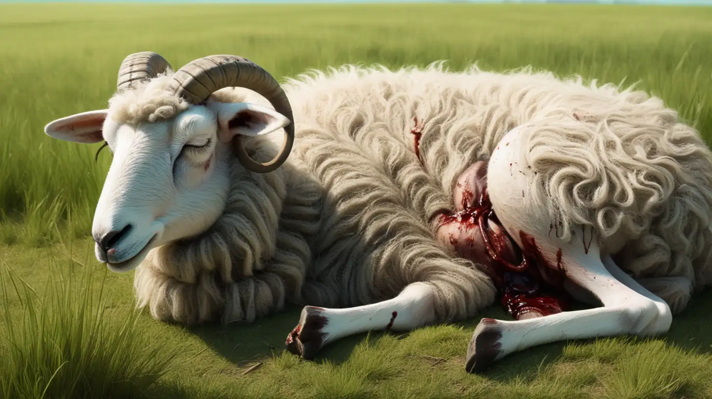 Biblical Era Scene Mourning the Fallen Sheep in Verdant Countryside