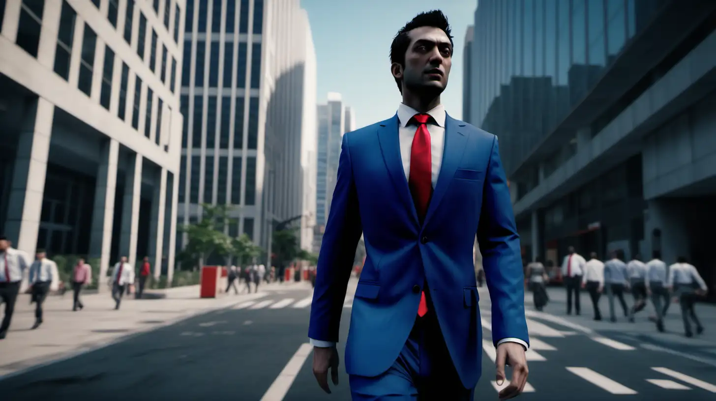 /imagine prompt: Realistic, Cinematic, personality: [man in a blue suit and red tie walking down a busy street with office buildings.  The shot is from far away unreal engine, hyper real --q 2 --v 5.2 --ar 16:9