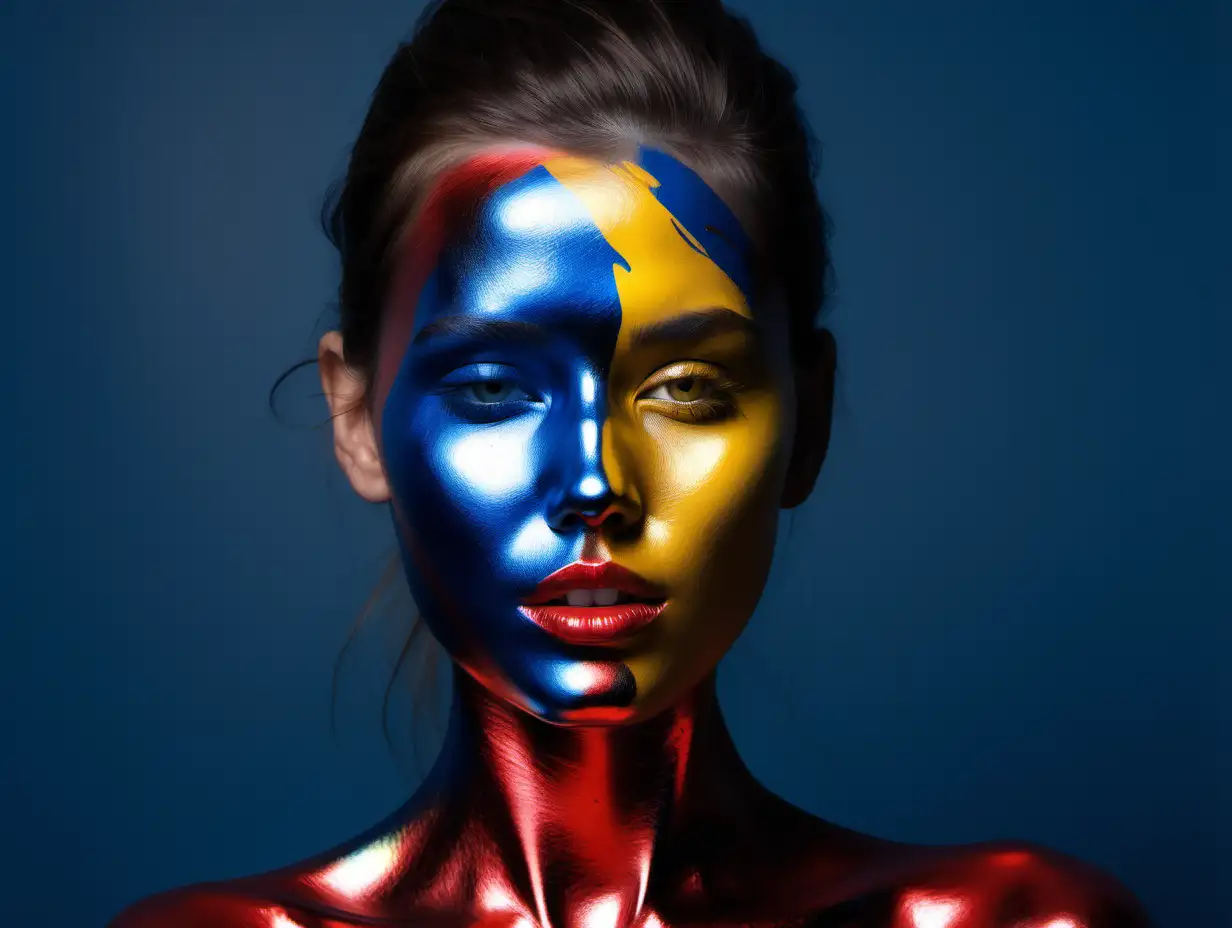 model women portrait with metailc painting (blue, red and yellow) over her face