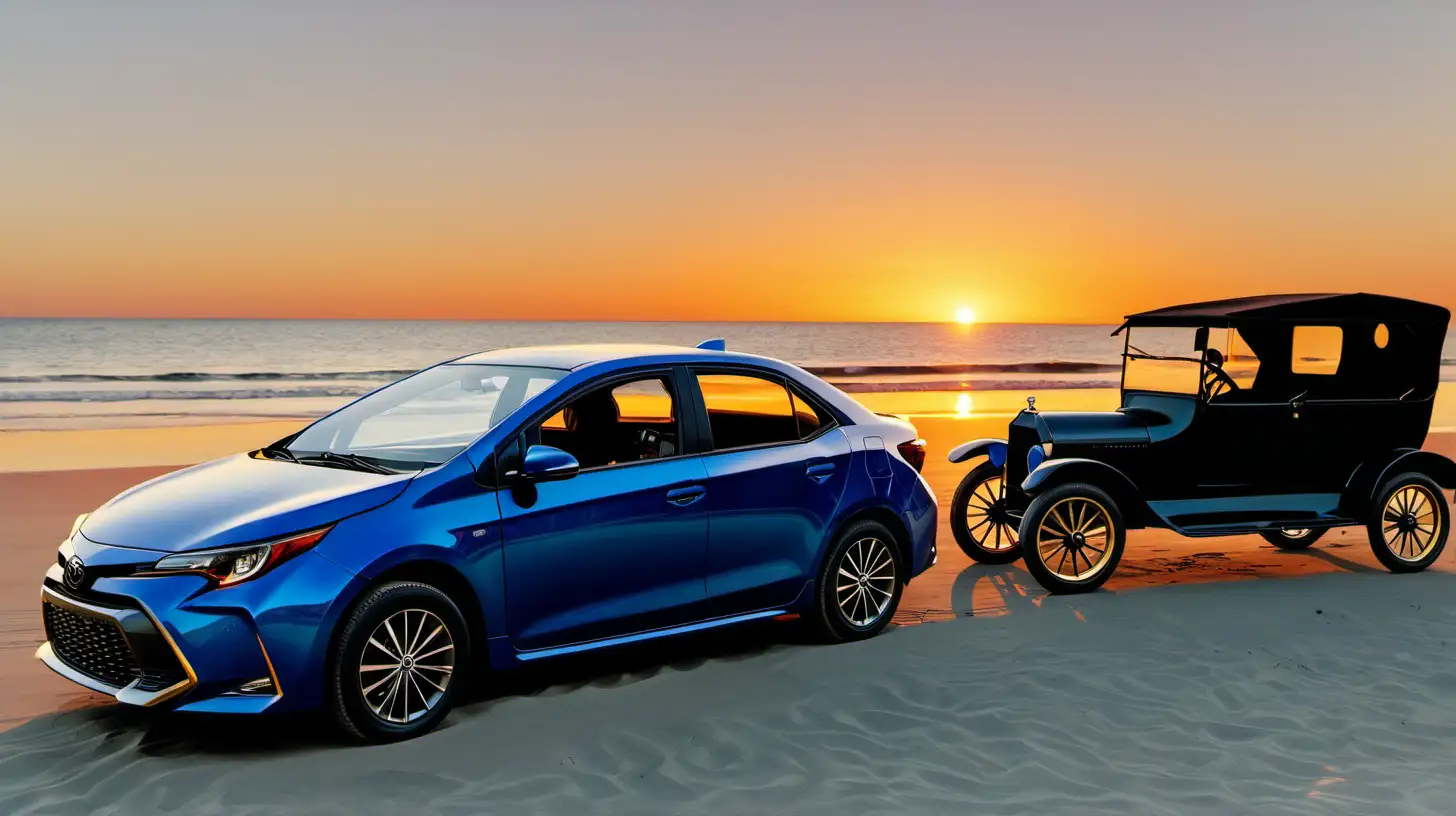 a 2023 Toyota corolla next to a ford model T at the beach with sunset