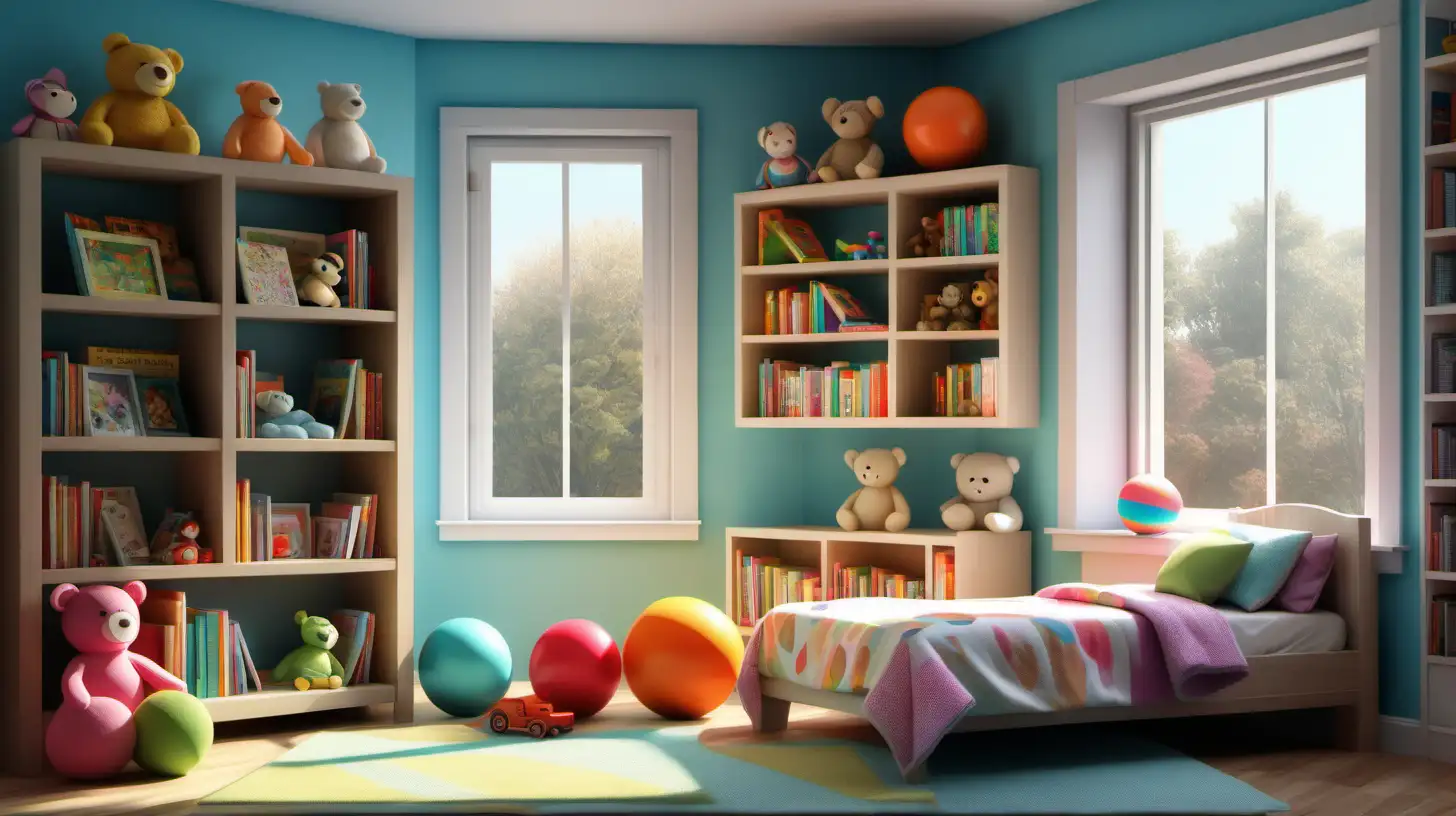 Photorealistic child's bedroom, one large rubber ball, two stuffed animals, books on a small bookshelf, a large window. Colorful and very detailed.