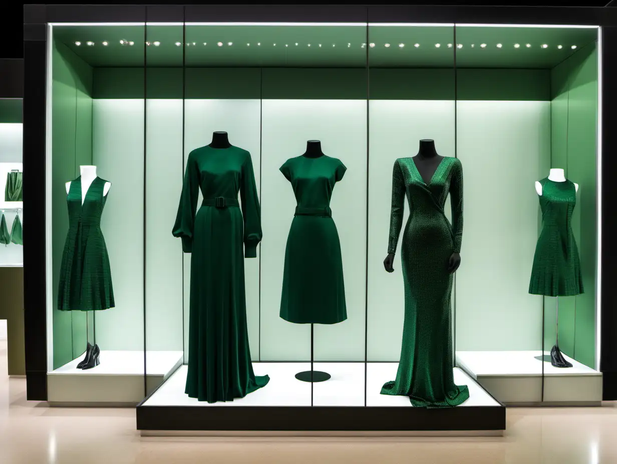 dark green dress outfit in a display case