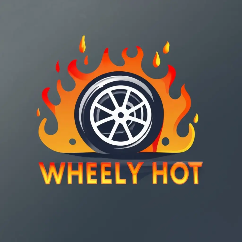 logo, long image of flames and car tyre for banner, with the text "Wheely Hot", typography
