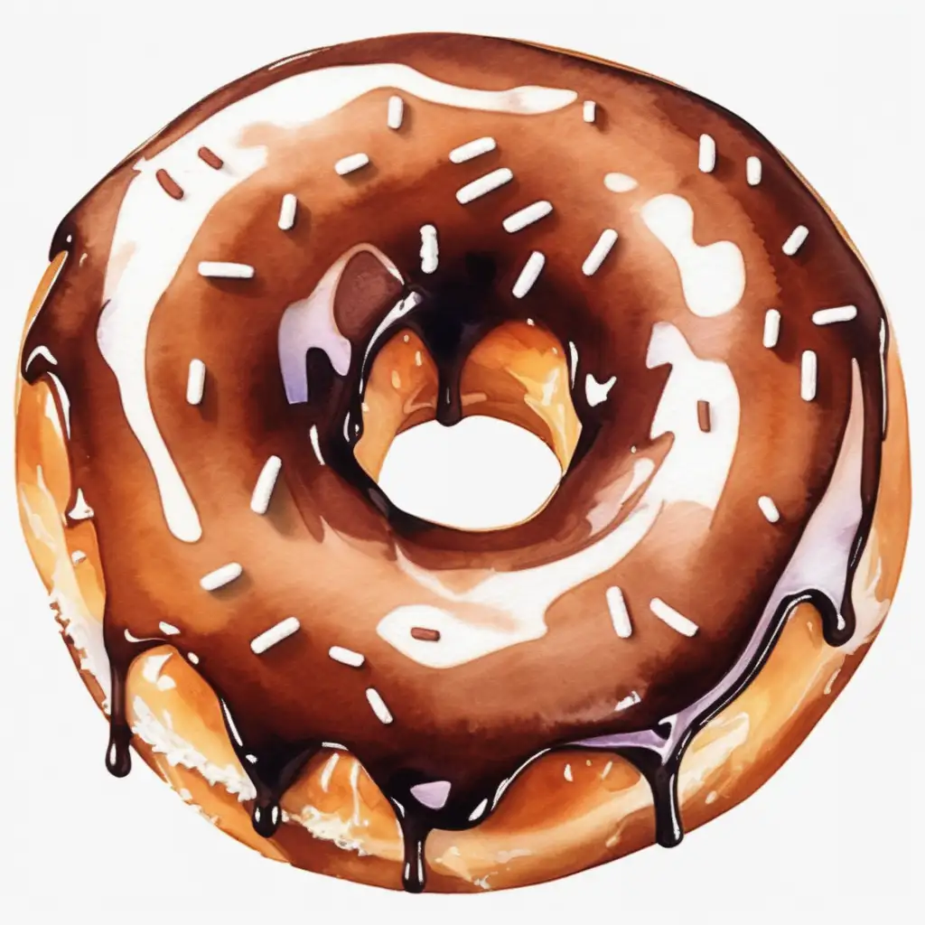 Watercolor styled, single donut, brown colored, with white background