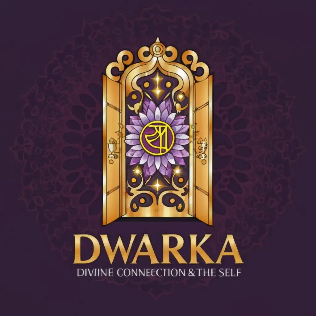 a logo design,with the text "Dwarka Open Doors to The SELF", main symbol:A door that opens to heaven inside which crown chakra. Gold Purple White Dwarka,complex,be used in Religious industry,clear background