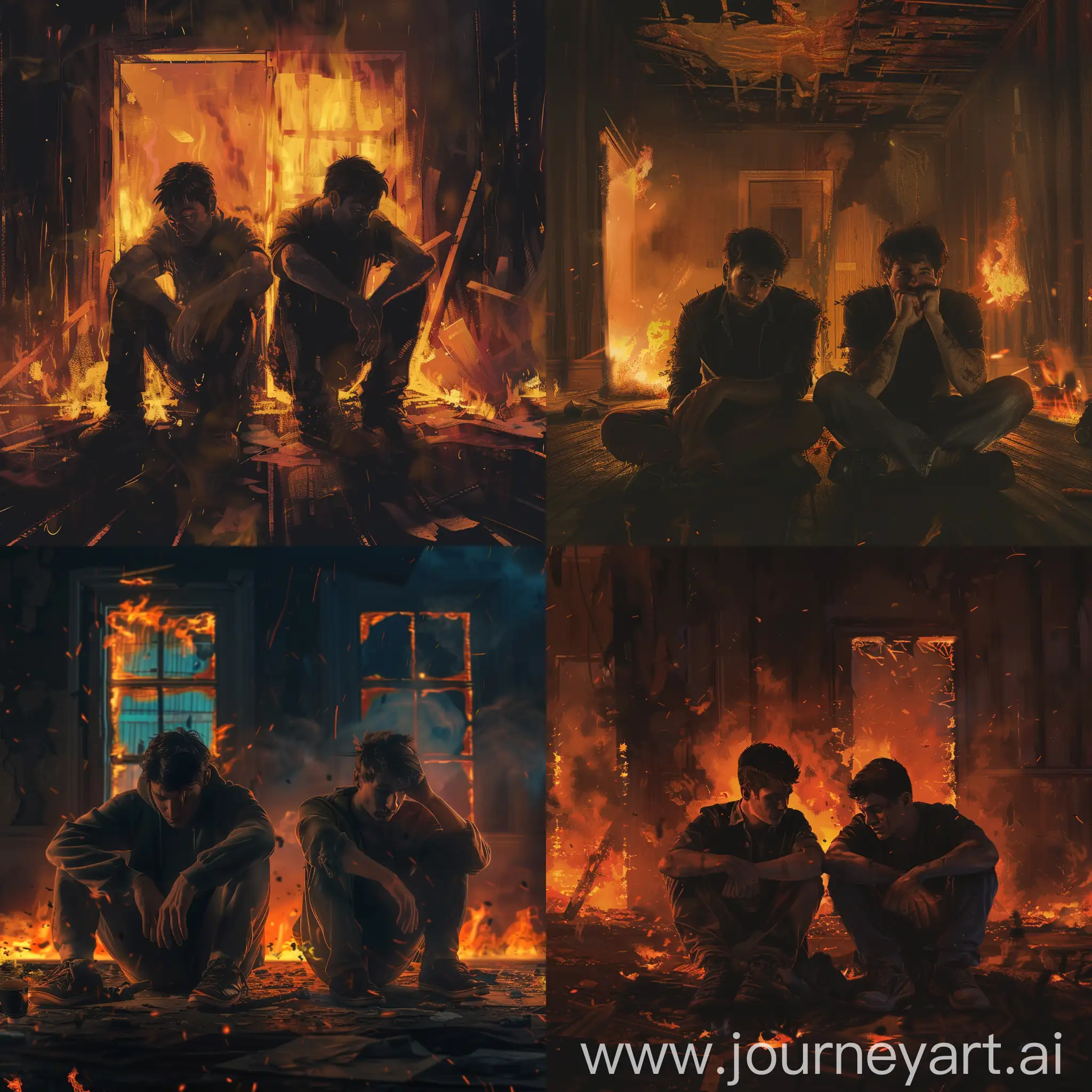 2 guys sitting alone in a burning house all sad and depressed