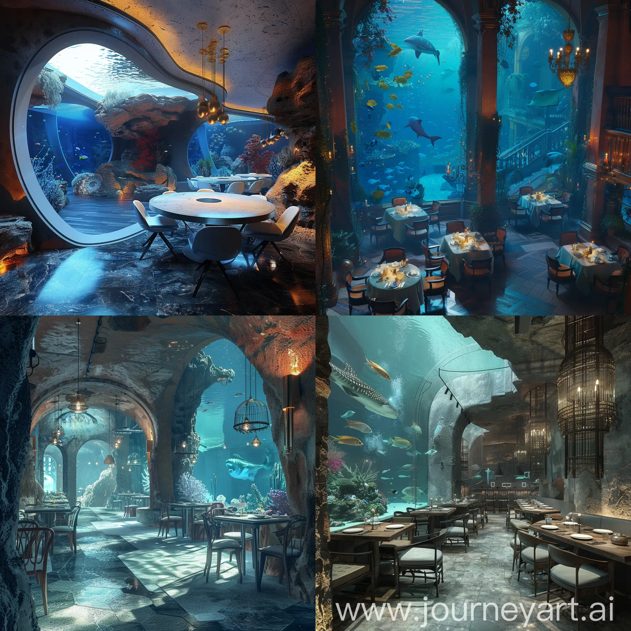 A restaurant with a huge beautiful aquarium :: 3D animation 