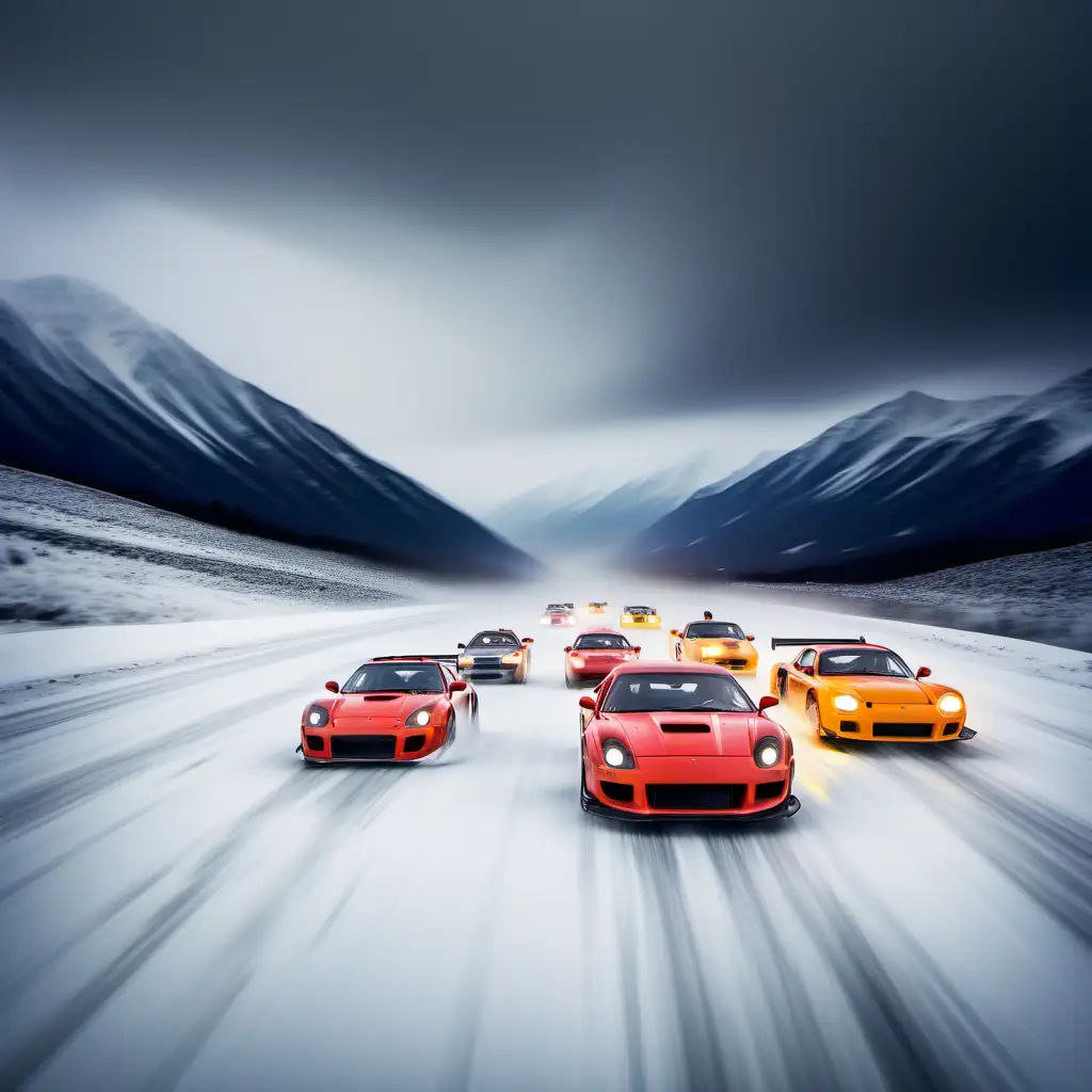 sports cars racing across snow and ice in a snow storm  towards us with mountains behind with motion blur and lights
