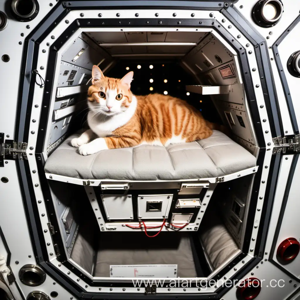 внутренности небольшого космической спасательной шлюпки, внутри него кот.