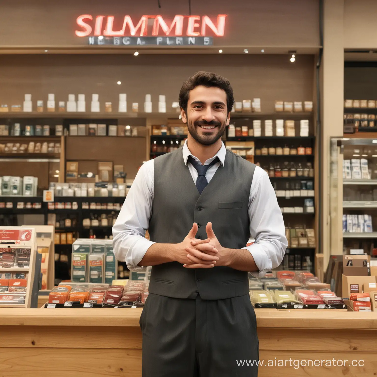 Продавец стоит на фоне магазина без вывески. Он улыбается и показывает класс двумя руками