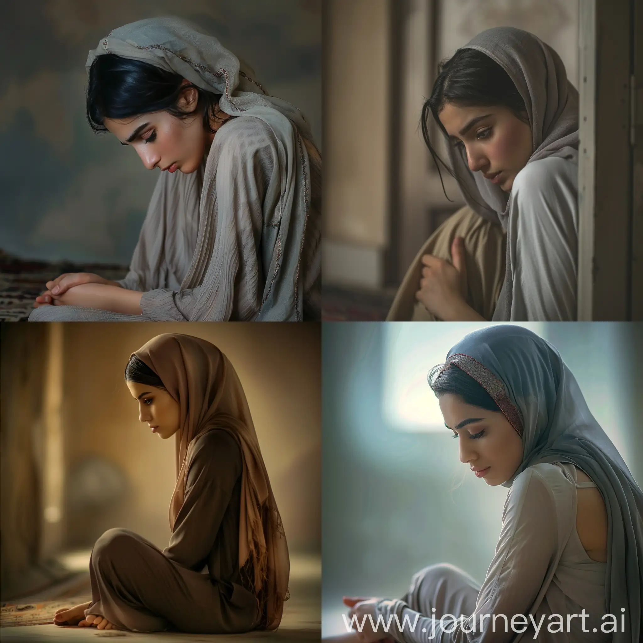 A side view of a beautiful young Saudi woman sitting on the floor, her eyes looking at her feet, her head bent down, looking sad and broken.