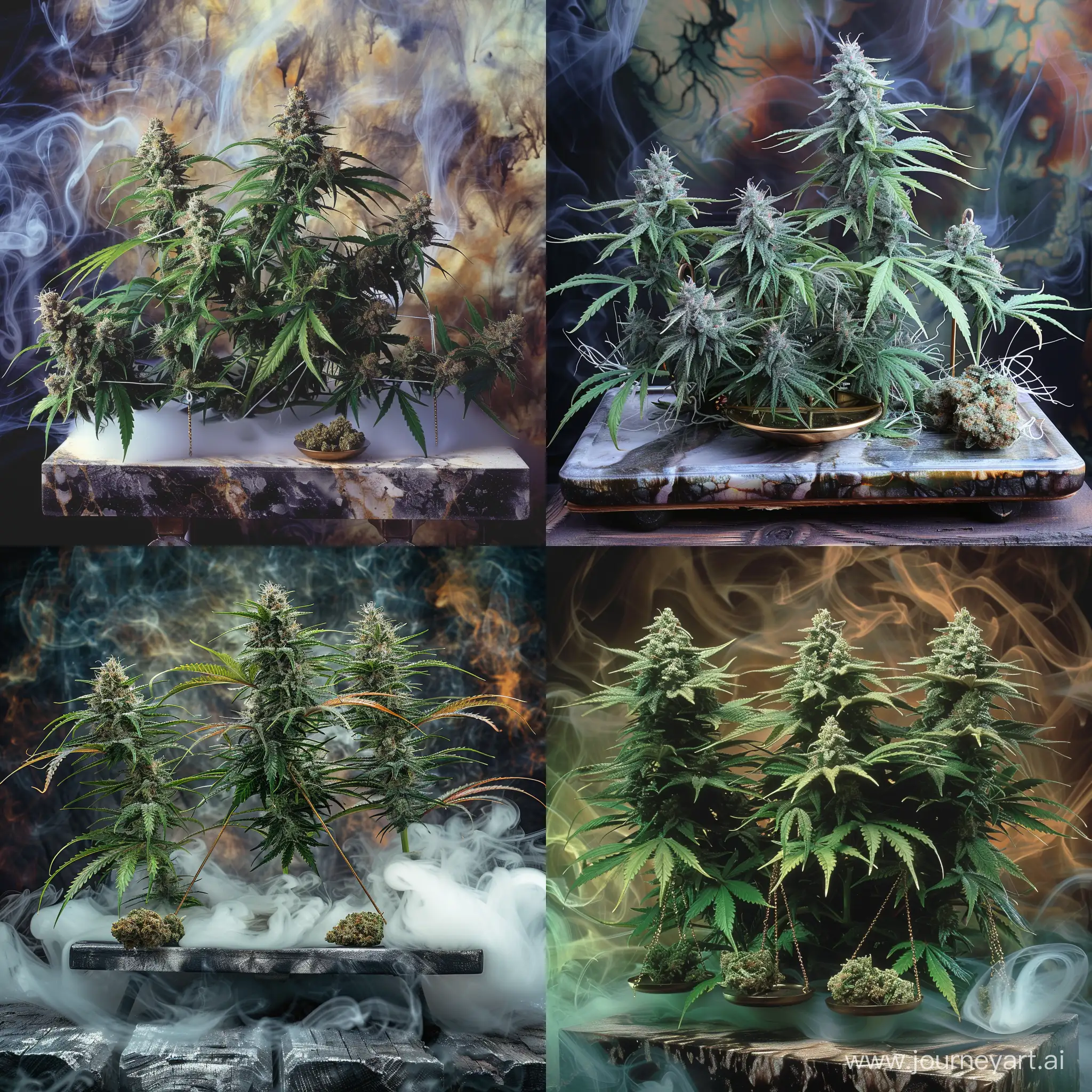Realistic marijuana plants with marijuana bud on a scale with a smokey psychedelic background