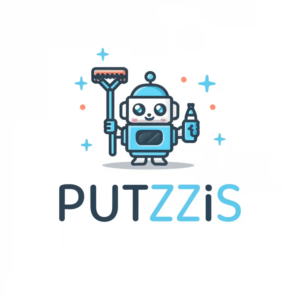 a logo design, with the text 'PUTZIS', use correct text 'PUTZIS'!, bright blue text, on white background // main symbol:cute cleaning robot one hand holding a window scrubber and the other a spray, Give his other hand a cleaning spray, Moderate,be used in Technology industry,clear background