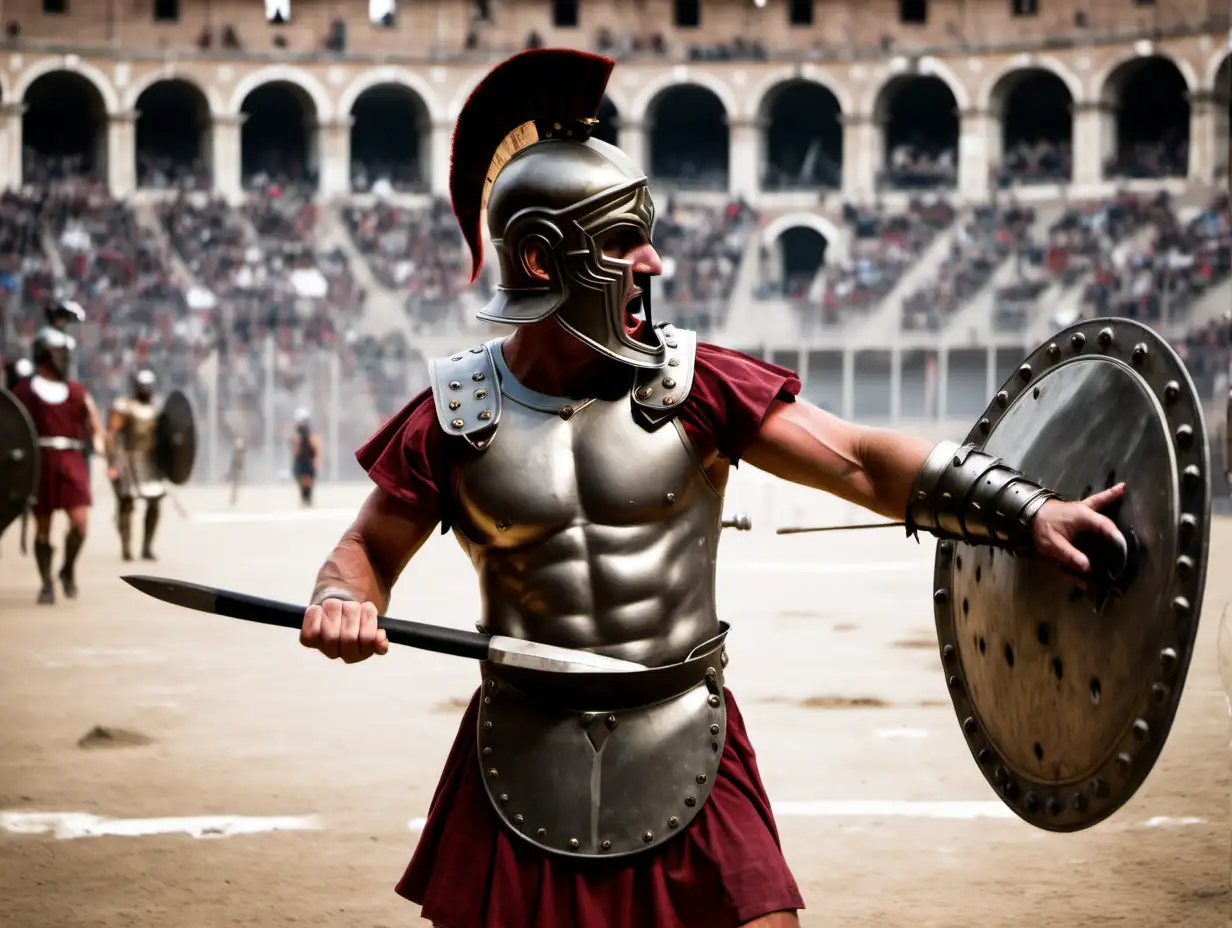 A gladiator preparing for battle in a Roman Colosseum, adjusting his helmet and gripping his shield