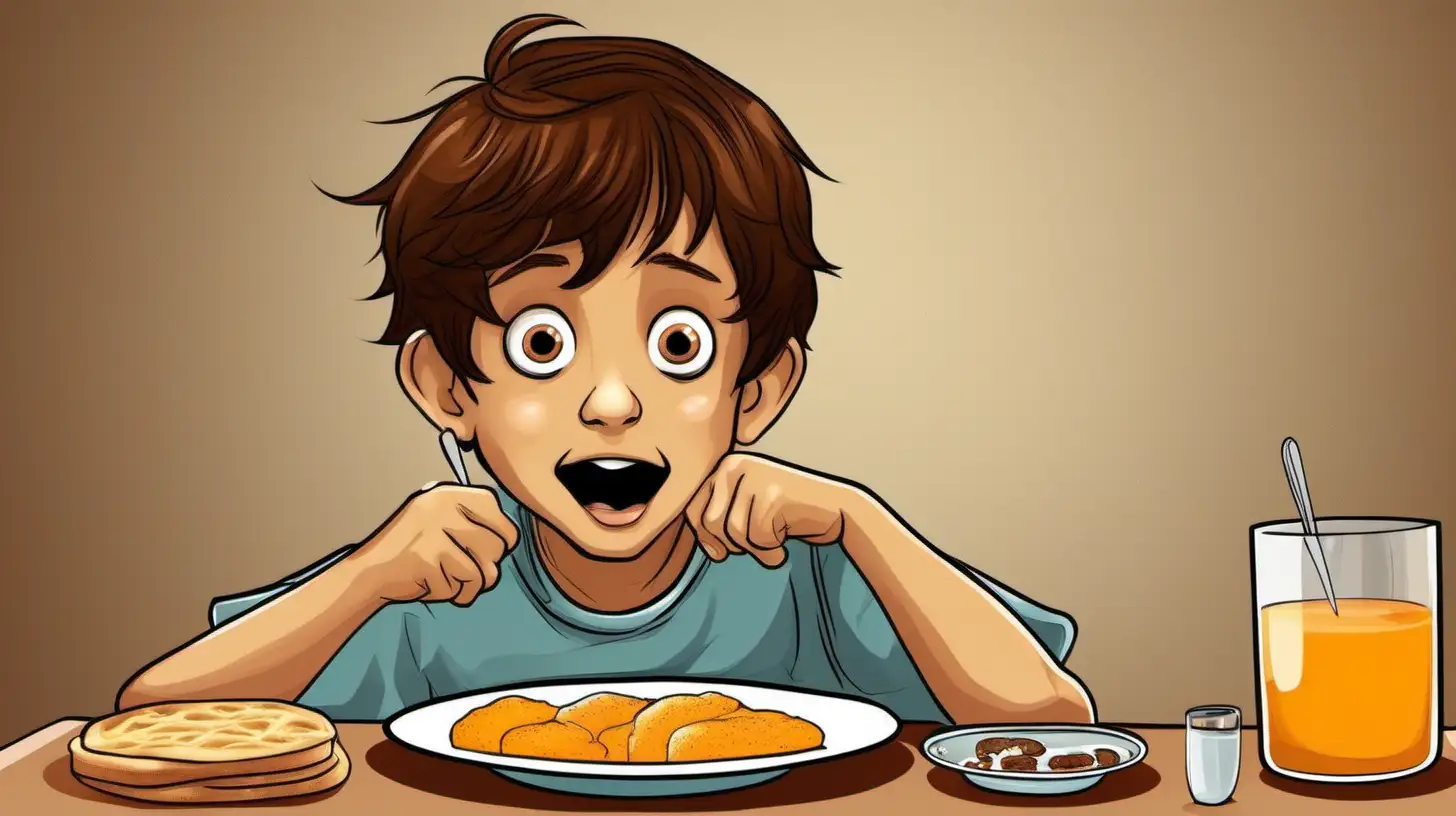 illustrate a ten years old brown hair boy seems excitd closeup his face, breakfast