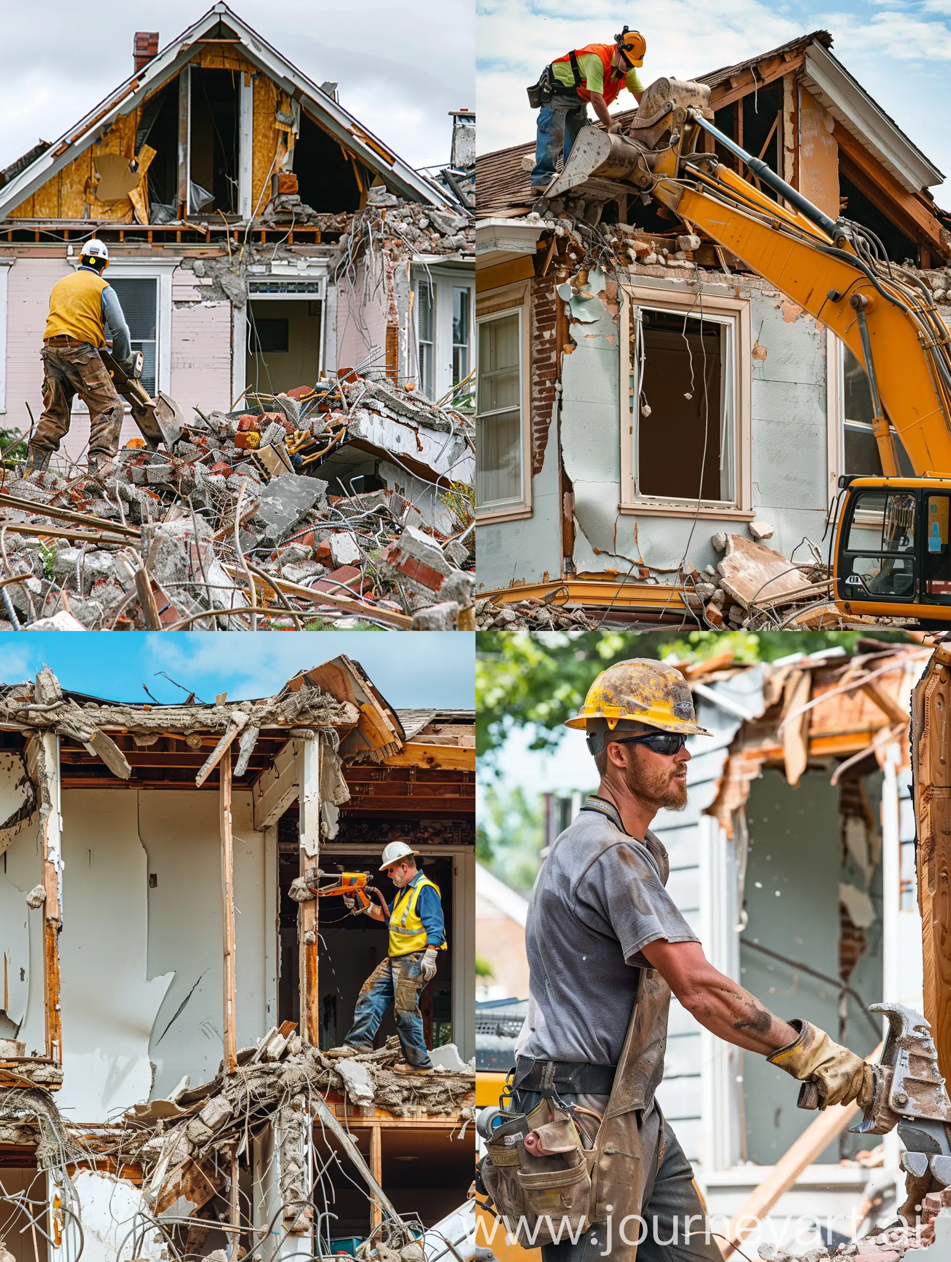A cool demolition worker, tearing down an old house, very realistic