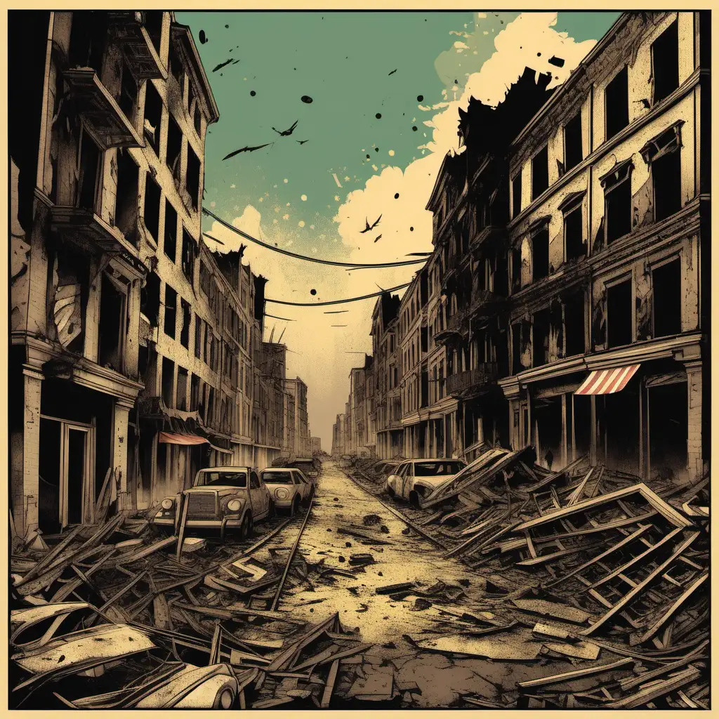 destroyed street of burned buildings, retro style, detailed illustrated design, colour