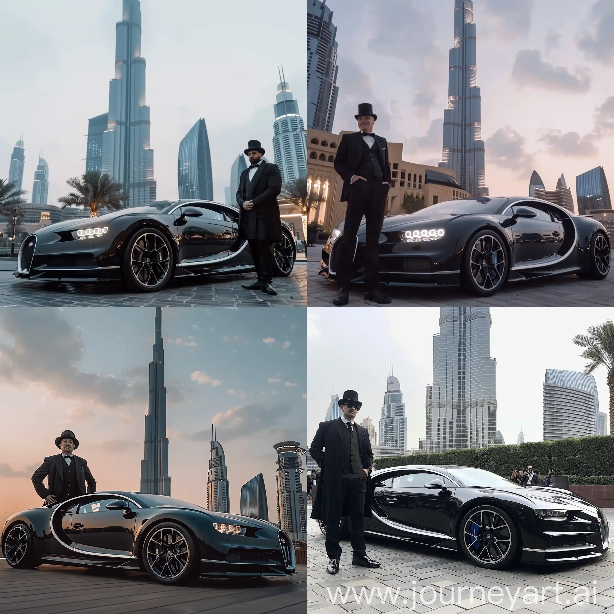 Мориарти стоит рядом с Bugatti Chiron у бурдж халифа