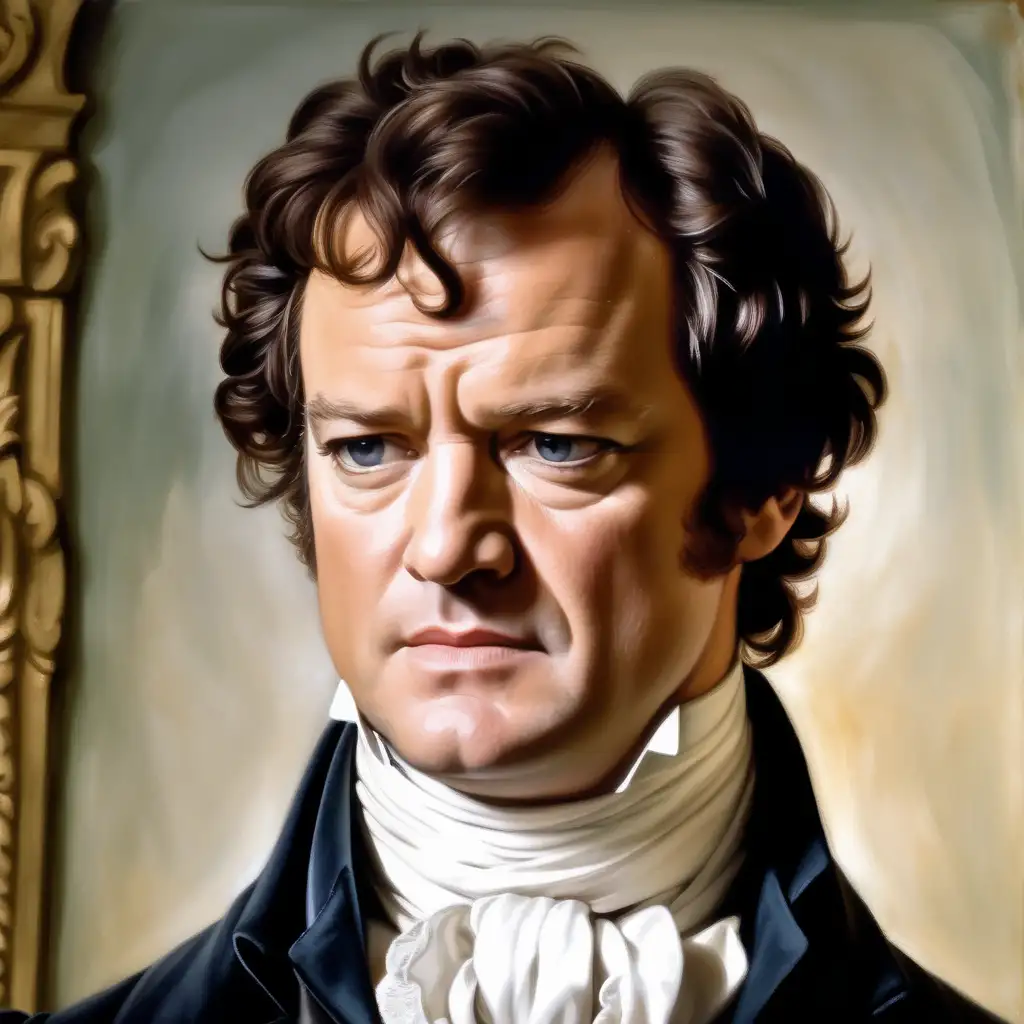 fresco painting style of Colin Firth as Mr Darcy in pride and prejudice making a disgusted face, deep frown, less eyebrow furl, he looks like he smelled a fart but is trying to hide it