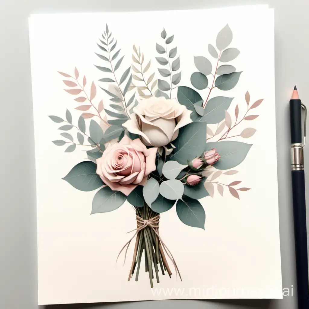 very small minimalistic sketch of bouquet, pactel colours, cover for highlits on instagram, use muted colors, roses and leaves of eucalyptus, ivory background