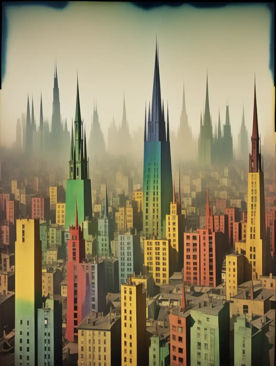 Vibrant Urban Skyline Inspired by Lyonel Feininger SemiTransparent Towers and Spires