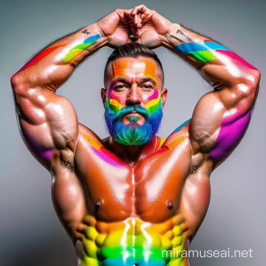 Topless 30s Thick Beefy Bodybuilder trimmed beard Daddy Bright Highlighter Rainbow Coloured Grow in the Dark ink Paints All Over his Body Holding up his Big Strong Arms on this head