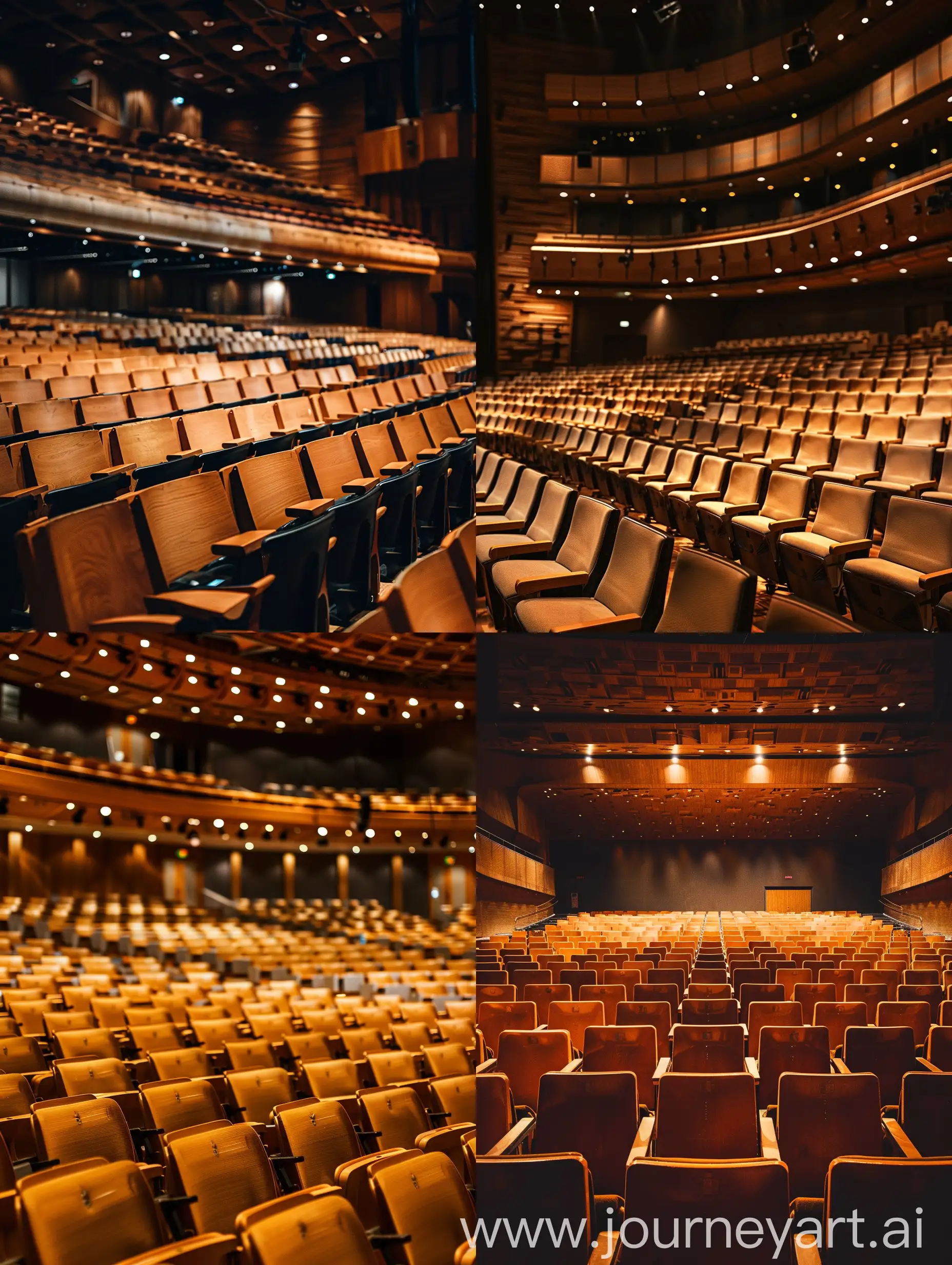An empty concert hall with many seats, light is not very strong, realistic, wallpaper